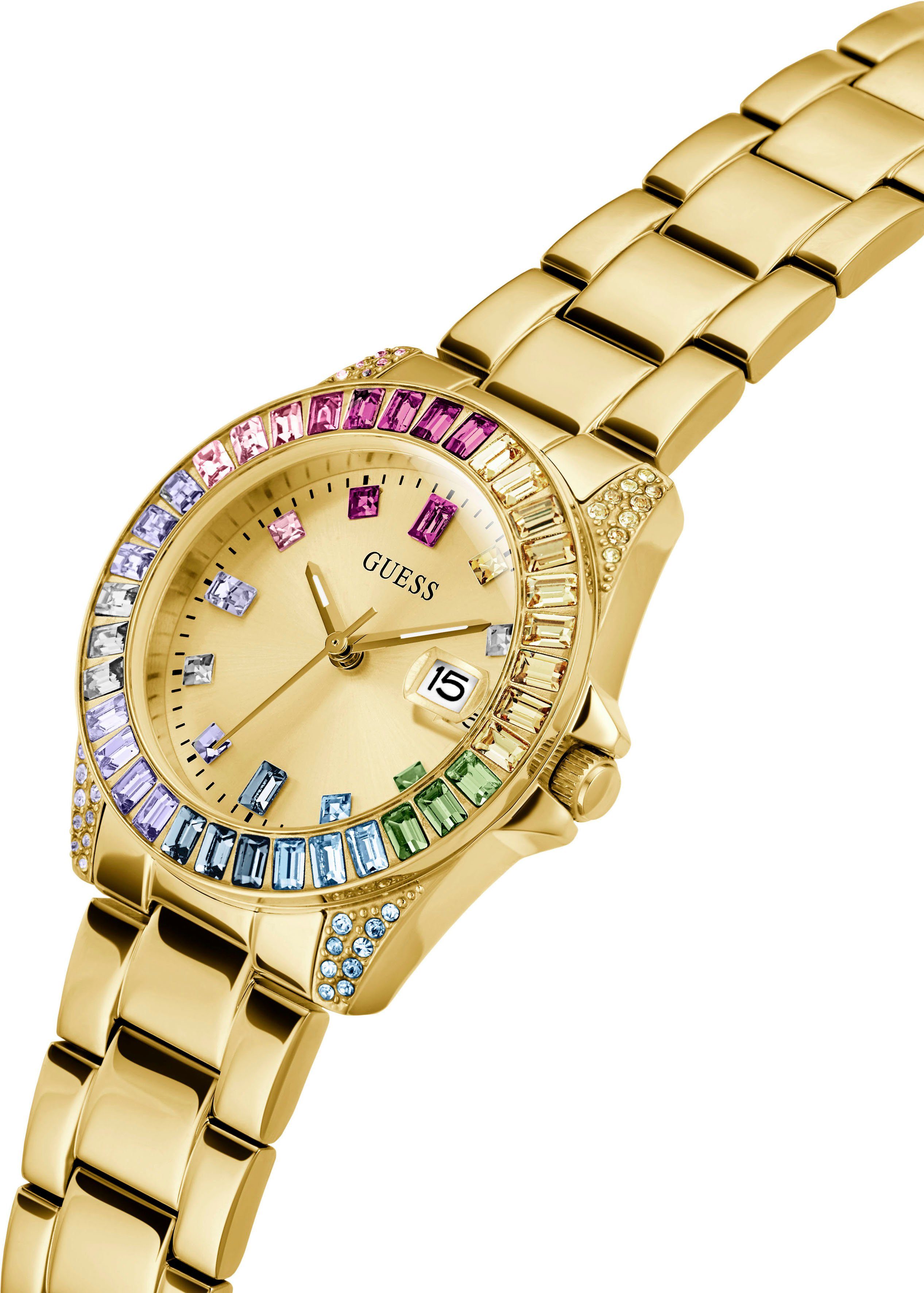 Guess Kwartshorloge Opaline Horloge, dameshorloge, datum, kristallen, mineraalglas, analoog