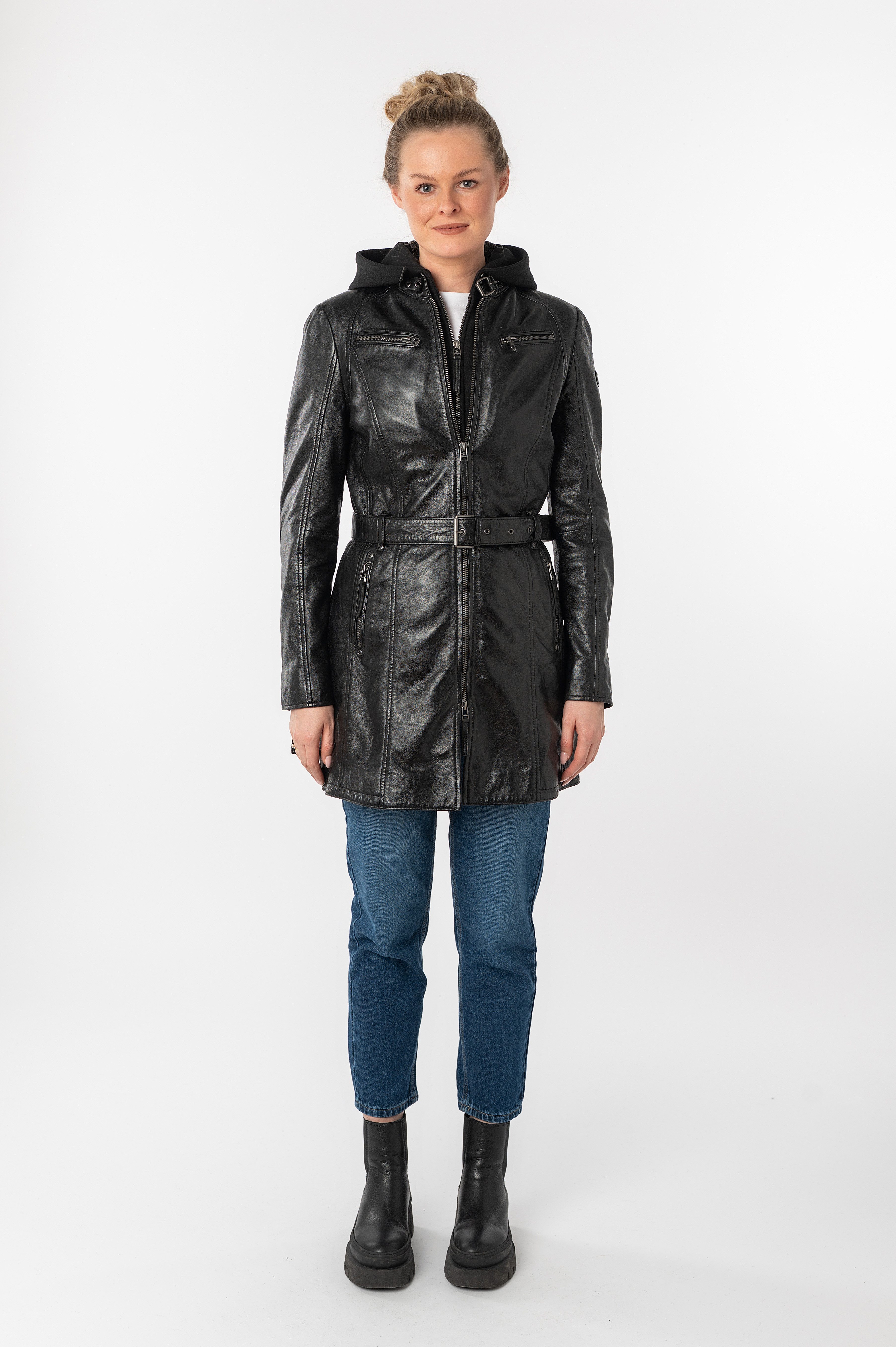 Mauritius Lange, leren jas BENTE2 lange leren jack met riem & afneembare capuchoninlay (Met riem)