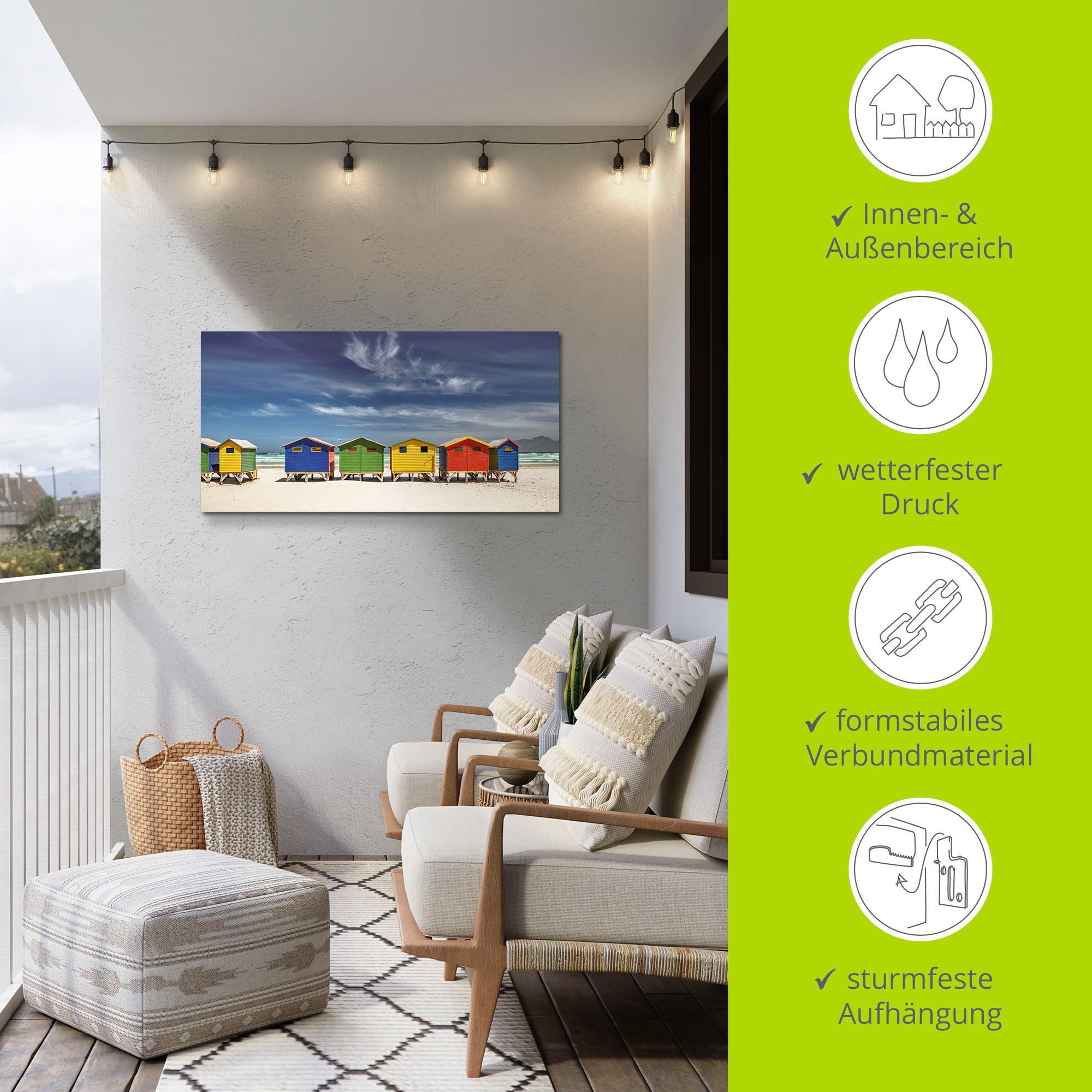 Artland Artprint Veelkleurige strandhuisjes bij Kaapstad als artprint van aluminium, artprint voor buiten, artprint op linnen, poster, muursticker