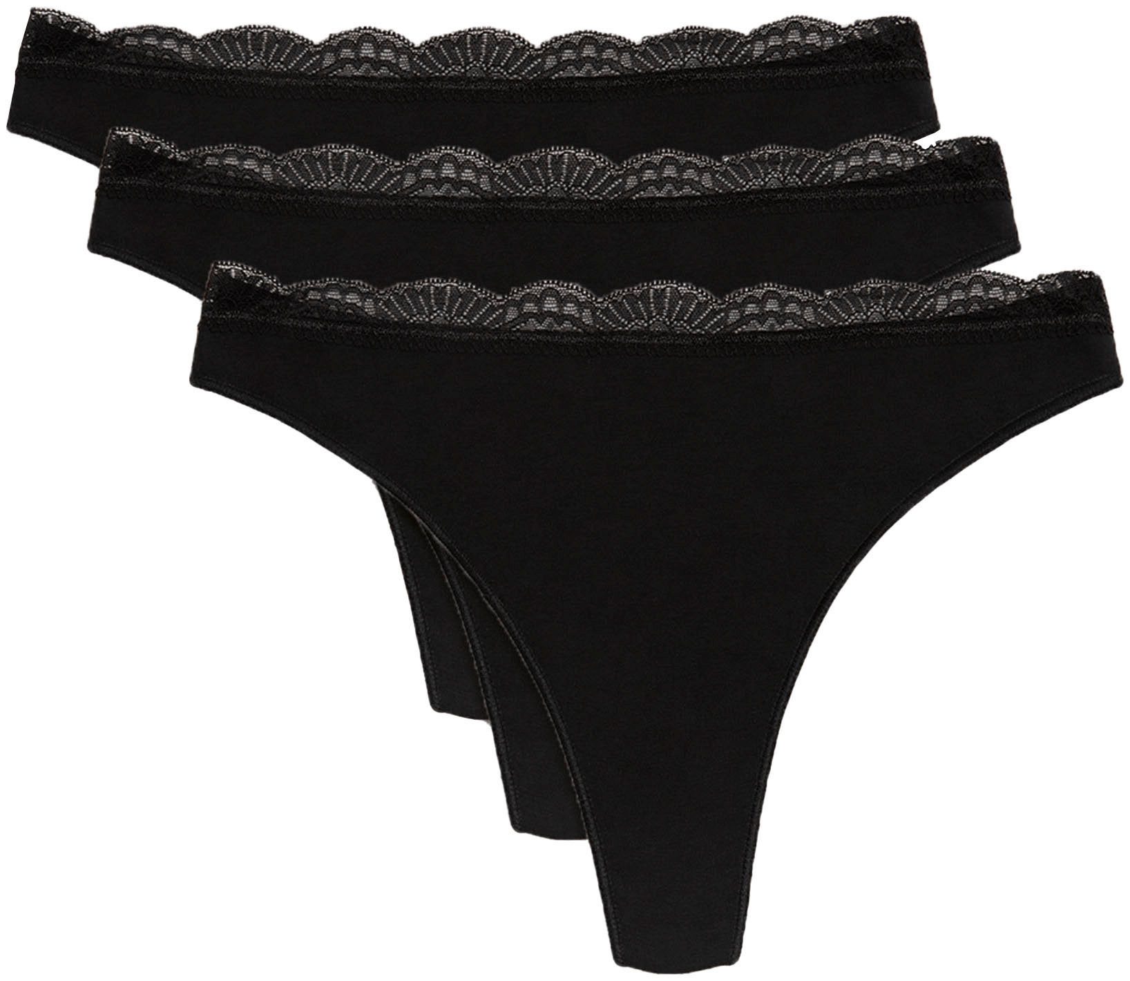 YSABEL MORA Tanga BASIC COLLECTION COTTON WITH LACE niet alleen comfortabel, maar ook romantische kantdetails (Set van 3)