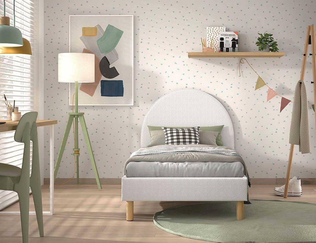 Vipack Gestoffeerd bed Moon, met fluffy bouclé stof in verschillende kleuren 2 breedtes (90 of 140 cm), lattenbodem, bouclé stof, naar keuze 4 kleuren