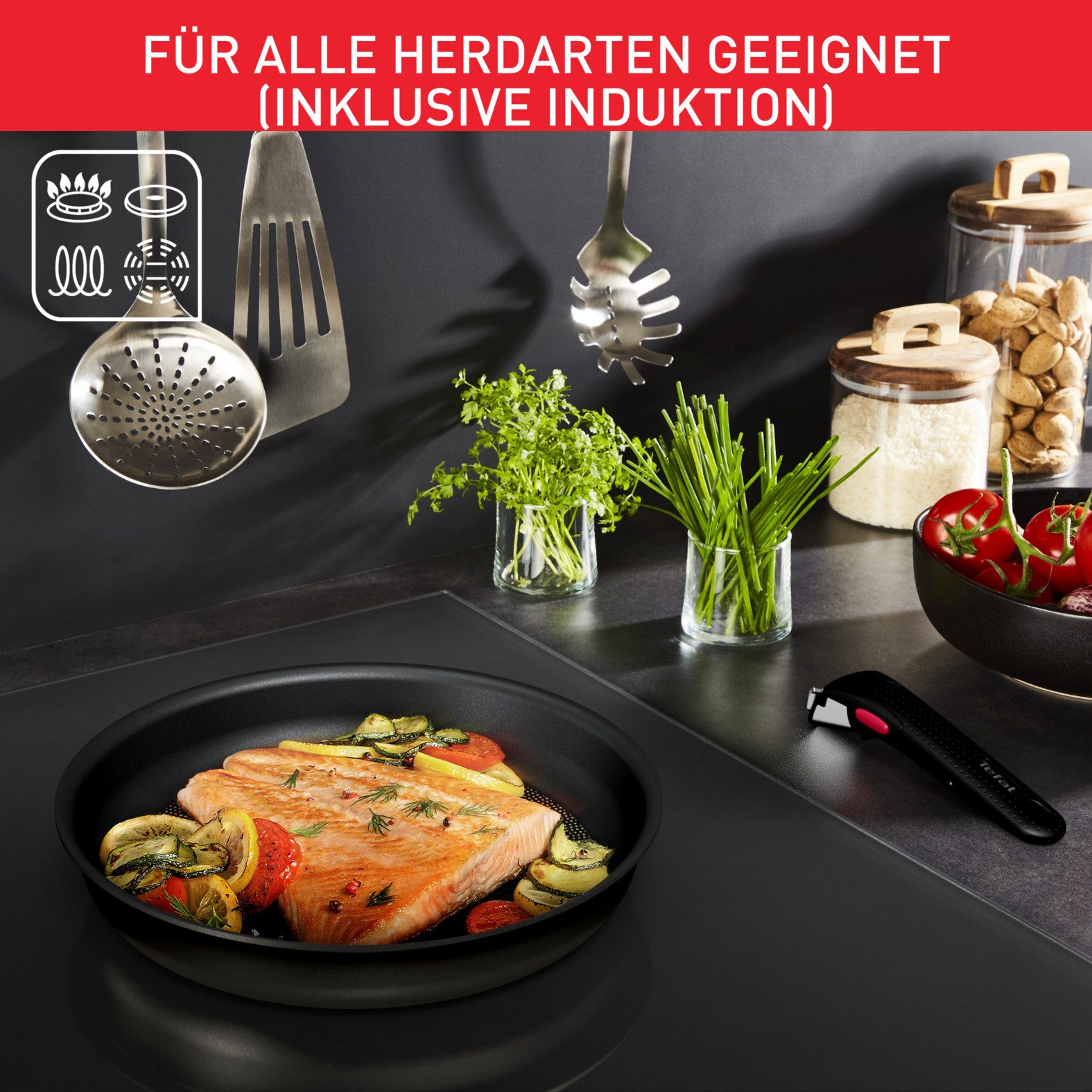 Tefal Pannenset L76491 Ingenio Ultimate, kookpan set inductie, anti-aanbaklaag geschikt voor alle kookplaten, thermo-signaal bij ideale baktemperatuur (set, 10-delig)