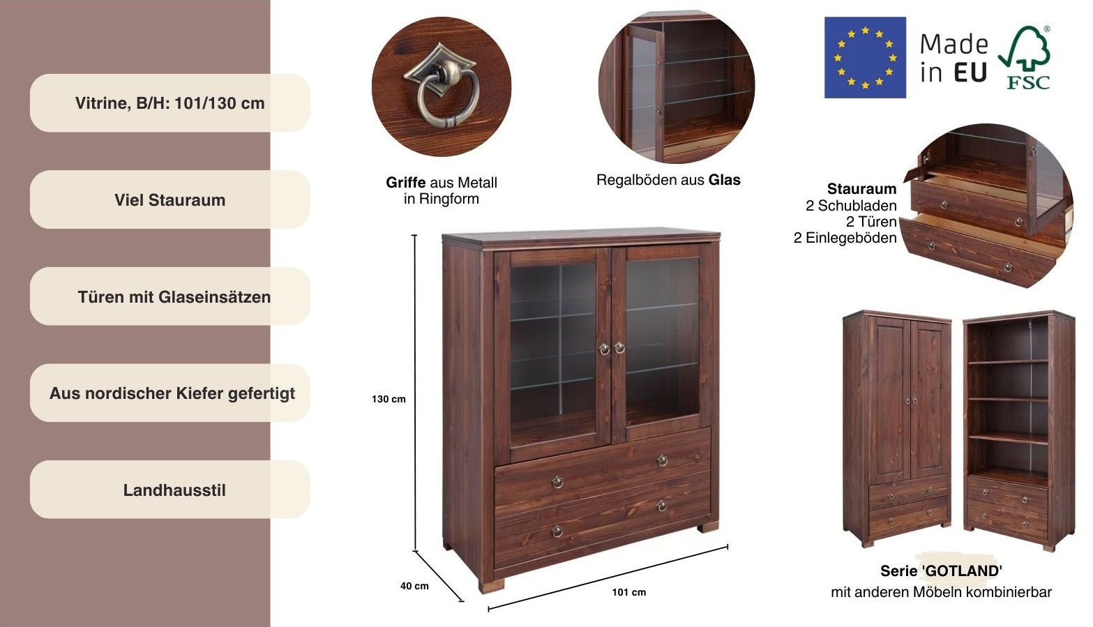 Home affaire Highboard Gotland Vitrine, breedte 101 cm, deuren met glazen inzetstukken, van massief dennenhout