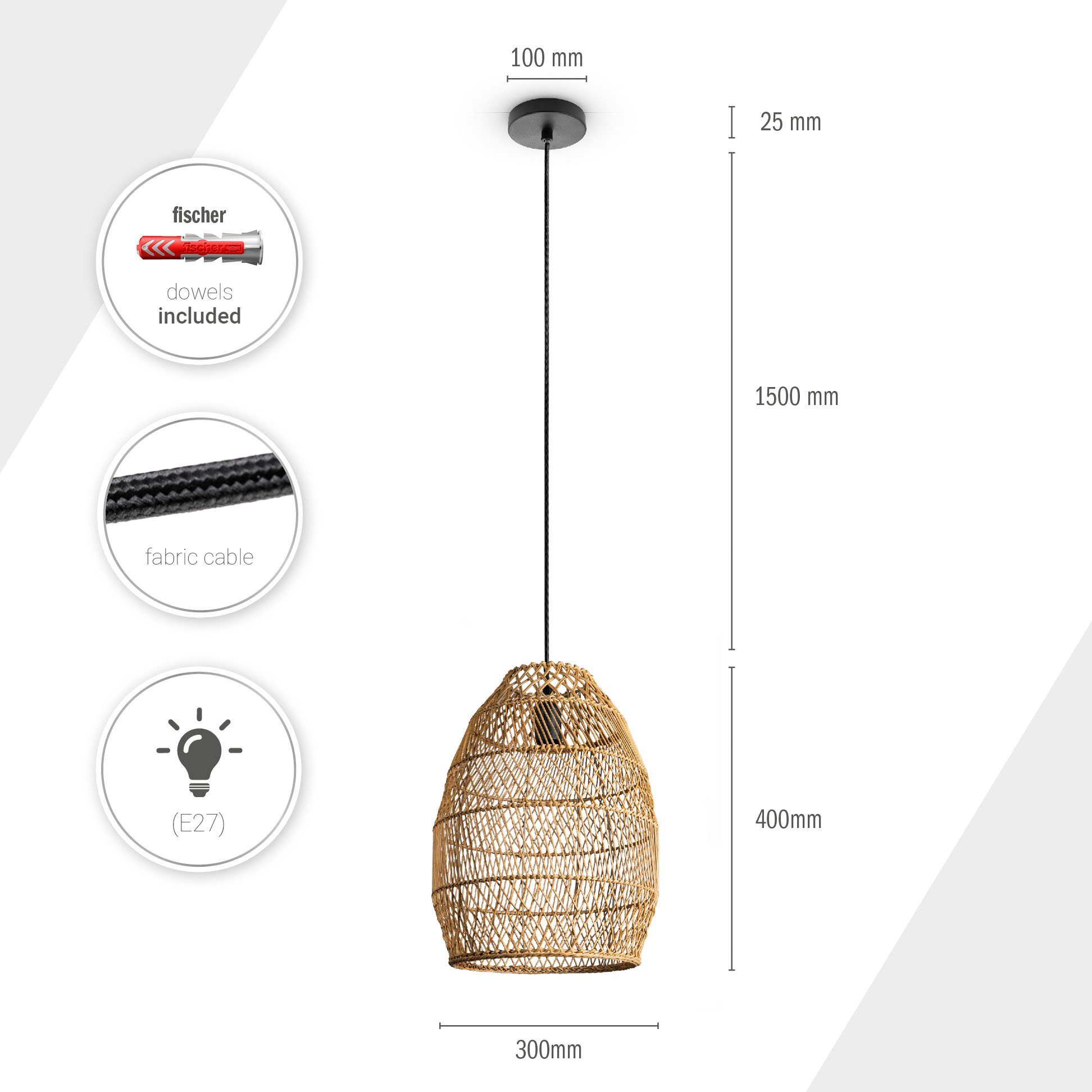 Paco Home Hanglamp VIHMO Rattan eettafel pendellamp LED Boho rustiek mandlampen keuken E27