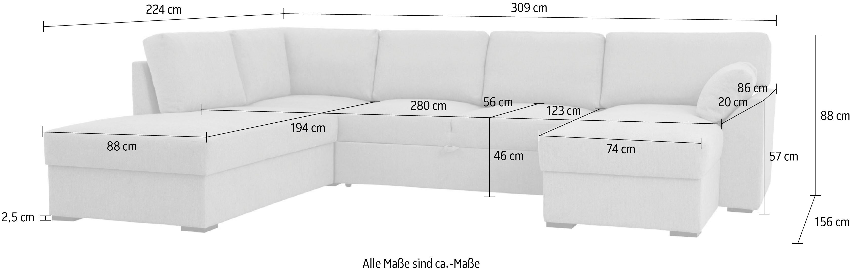 Home affaire Zithoek Citry Breedte 309 cm, chenille, bedfunctie, bedlade, U-vorm
