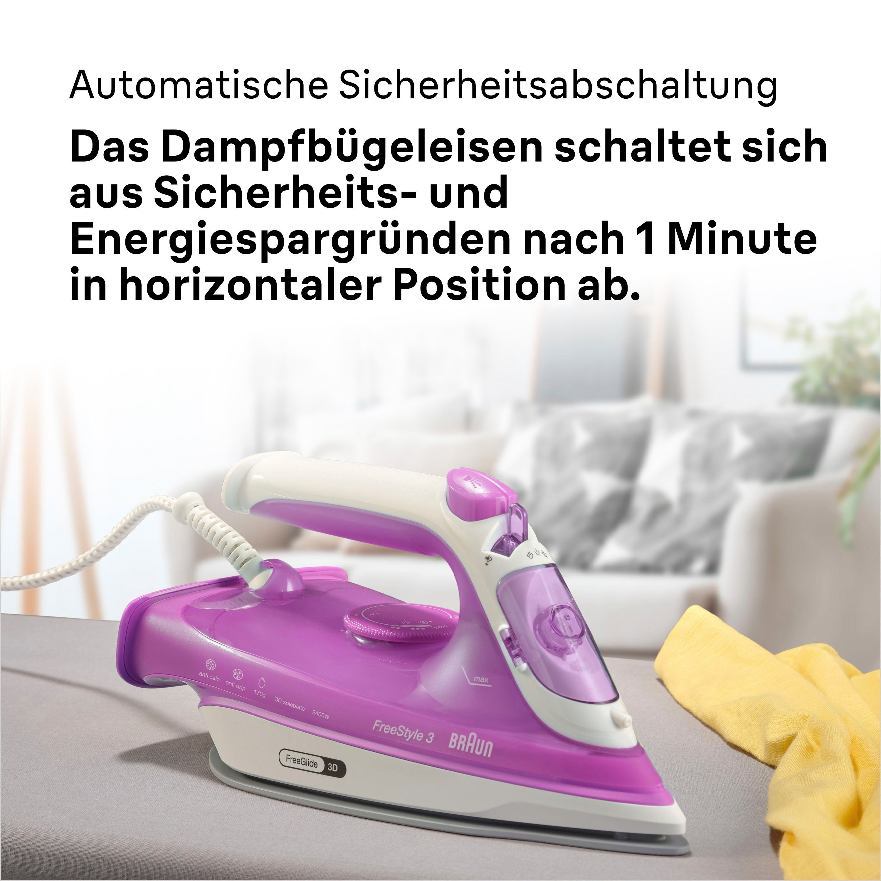 Braun Stoomstrijkijzer Braun FreeStyle 3 FI 3124 PU Dampfbügeleisen Weiß/Lila