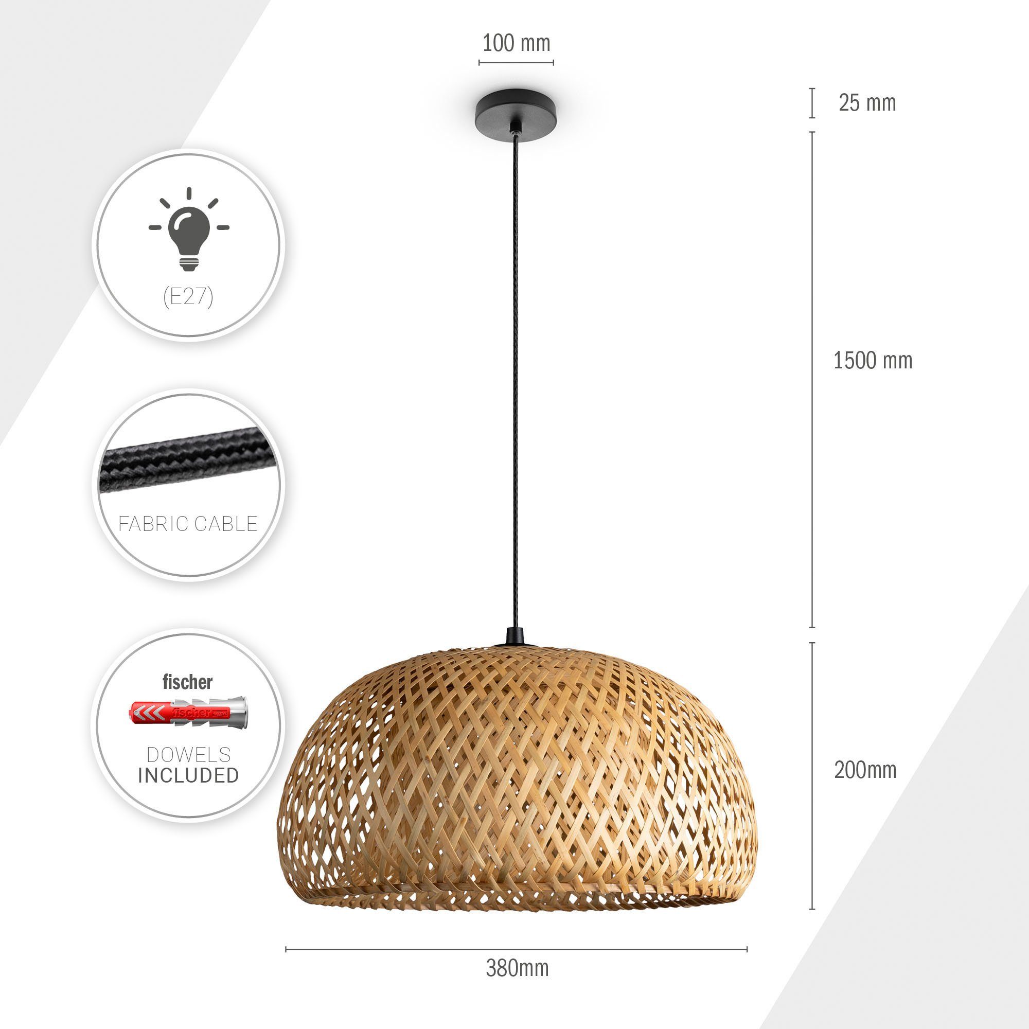 Paco Home Hanglamp PESA Hanglamp bamboe korblampen Boho Rattan look natuur E27