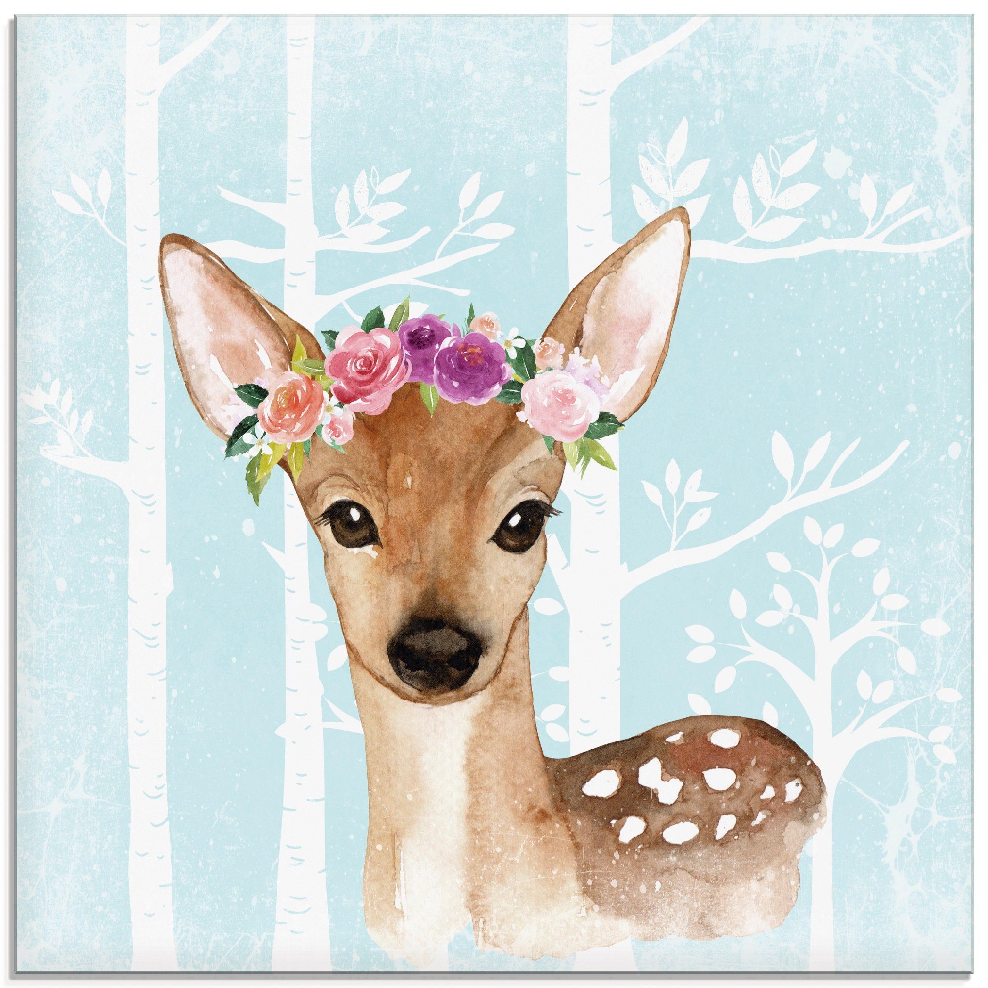 Artland Print op glas Wild ree met bloemen in blauw bos