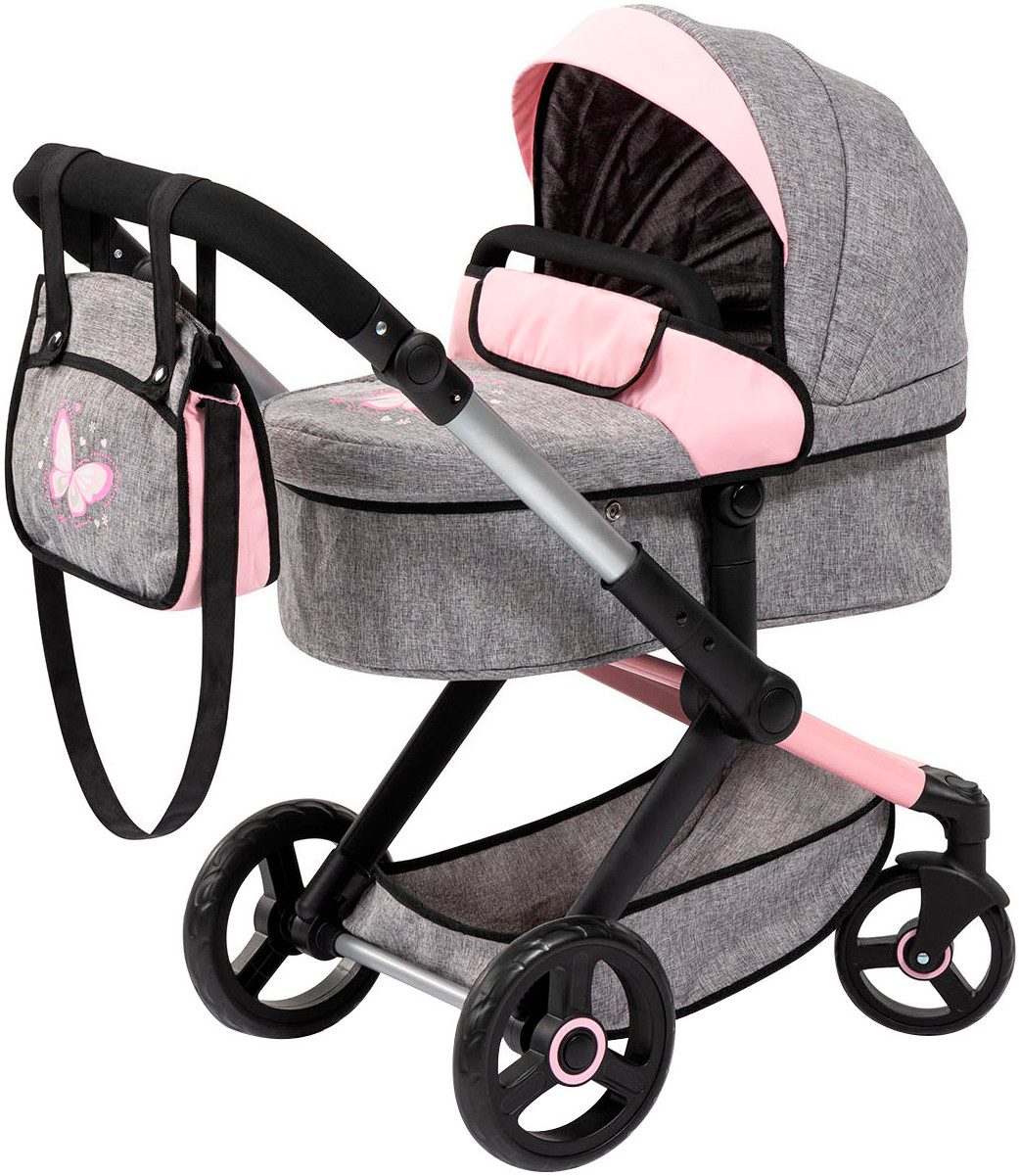 Bayer Combi-poppenwagen Xeo, grijs/roze vlinder
