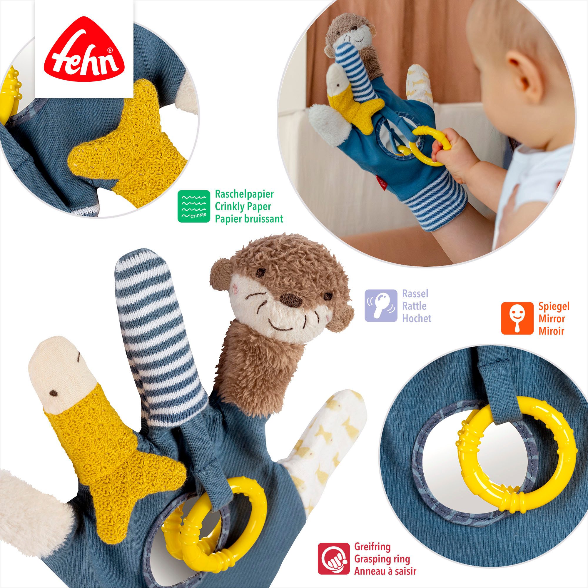 Fehn Grijpspeeltje Otter Theo, speelhandschoen Otter