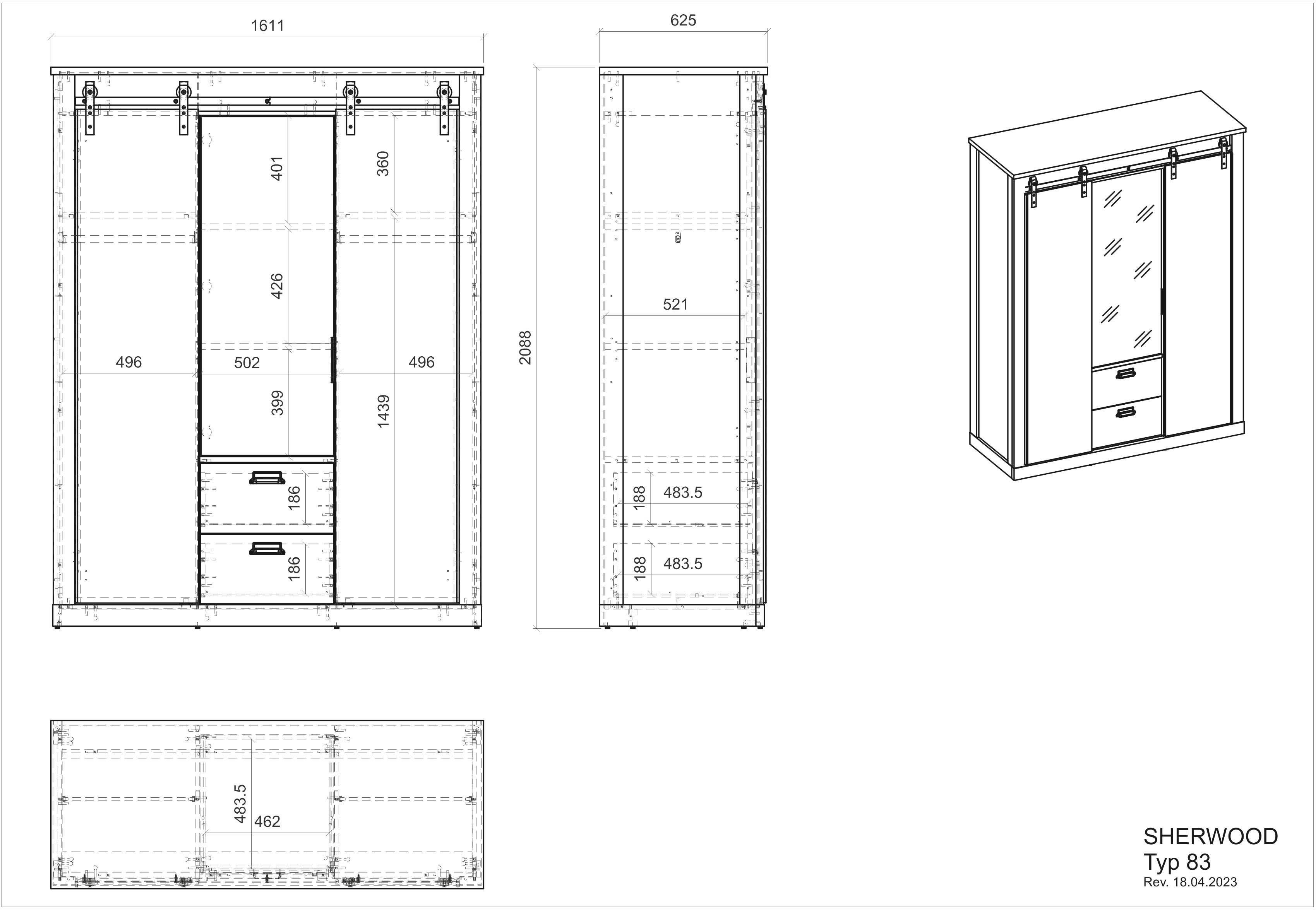Home affaire Kledingkast SHERWOOD slaapkamerkast met spiegel, 2 lades, linn kast Schuifdeuren met schuurdeur beslag van metaal, B/D/H 161/63/209cm