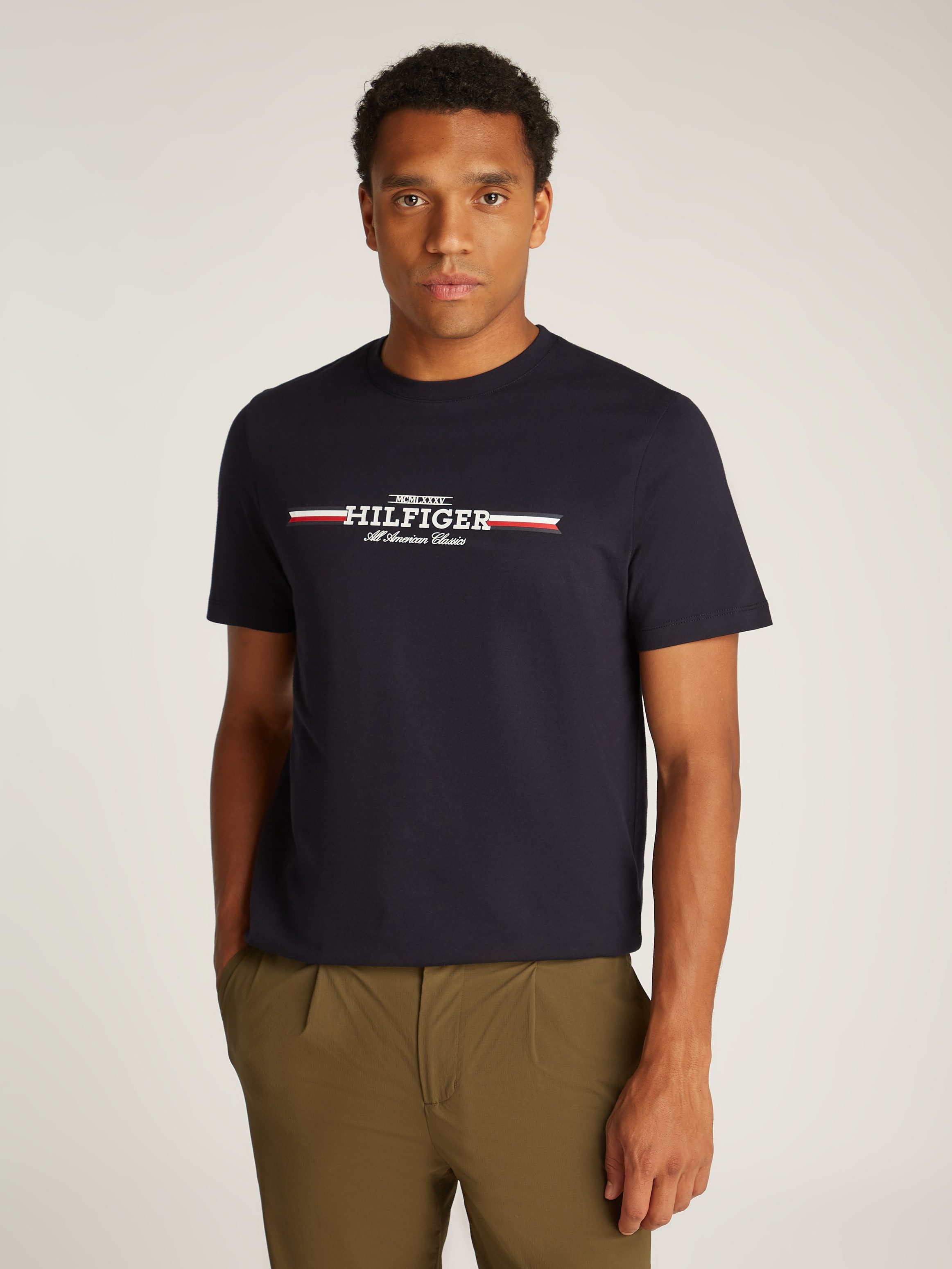 Tommy Hilfiger Shirt met ronde hals HILFIGER CHEST STRIPE TEE heren ronde hals maat S blauw