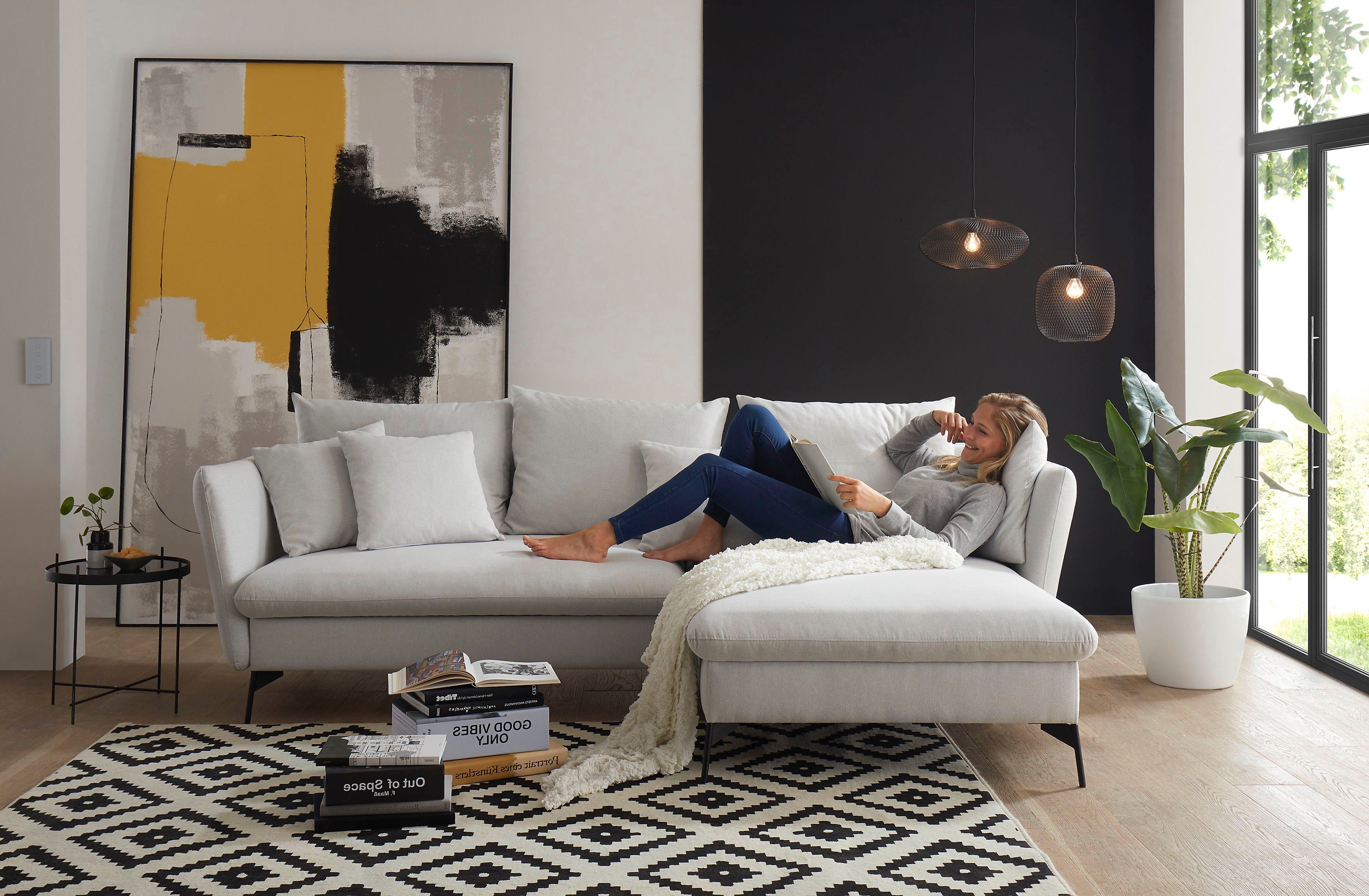 andas Hoekbank LIVORNO,258 cm, L-model, Slaapfunctie en bedlade (139/224 cm), fluweel, structuur, geweven stof