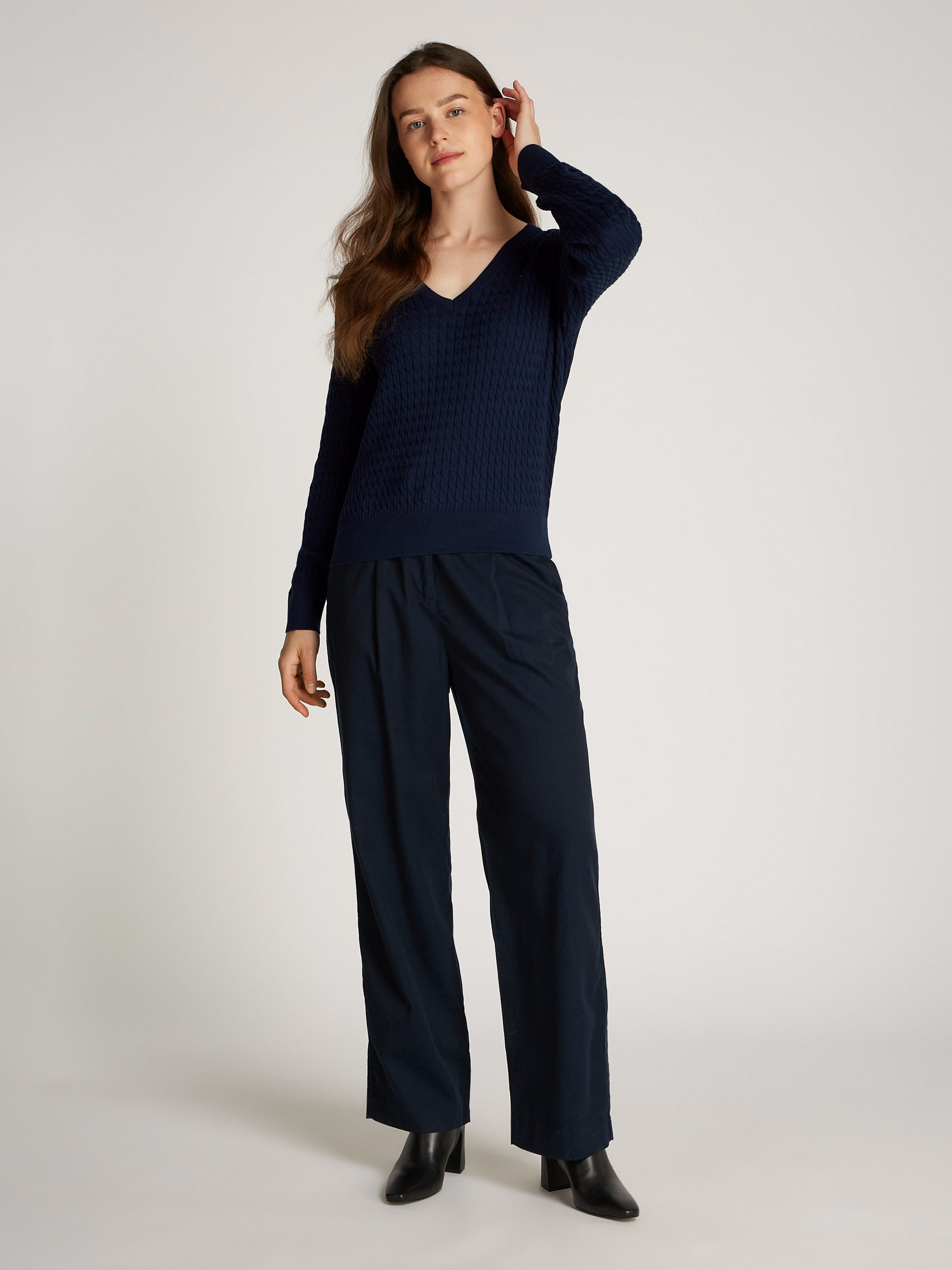 Tommy Hilfiger Trui met V-hals CO CABLE V-NK LS SWT met kabelpatroon logo-borduursel