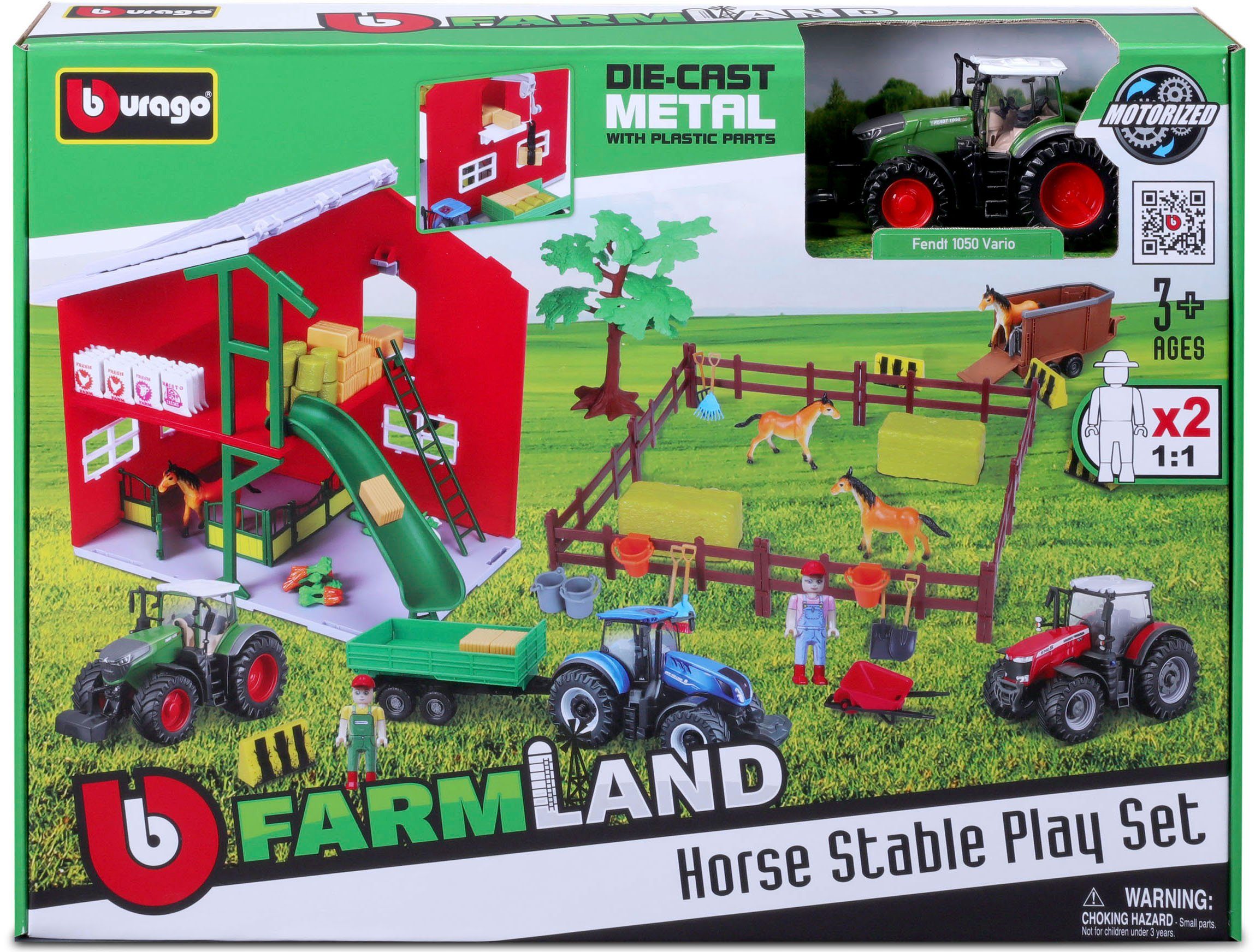 Bburago Speelwereld Farmland, Paardenstal inclusief fendt tractor