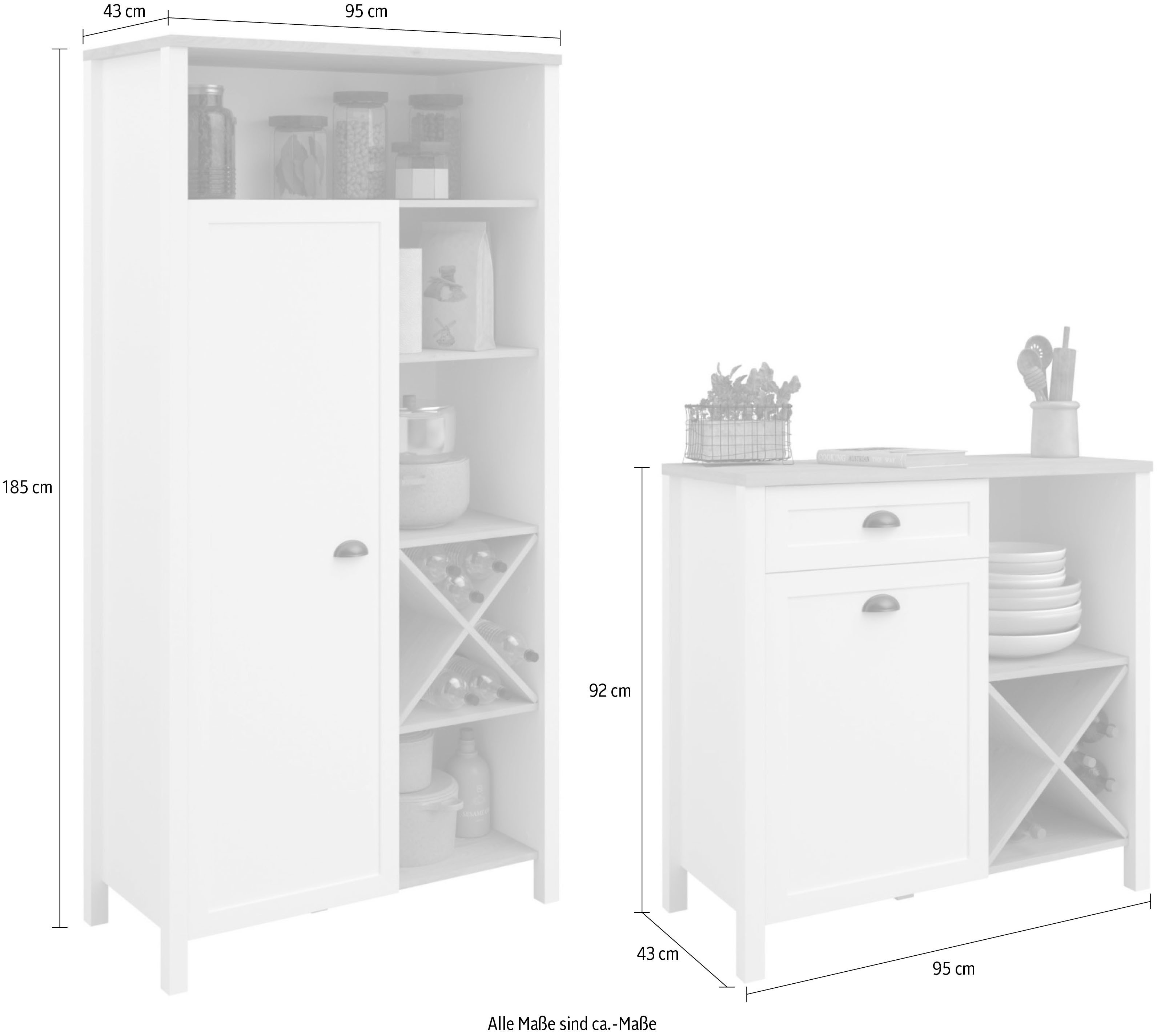 Parisot Kastenset Cottage 1 Veel opbergruimte, flessenrek, metalen handgrepen, MDF, melamine gecoat (set, 2-delig)