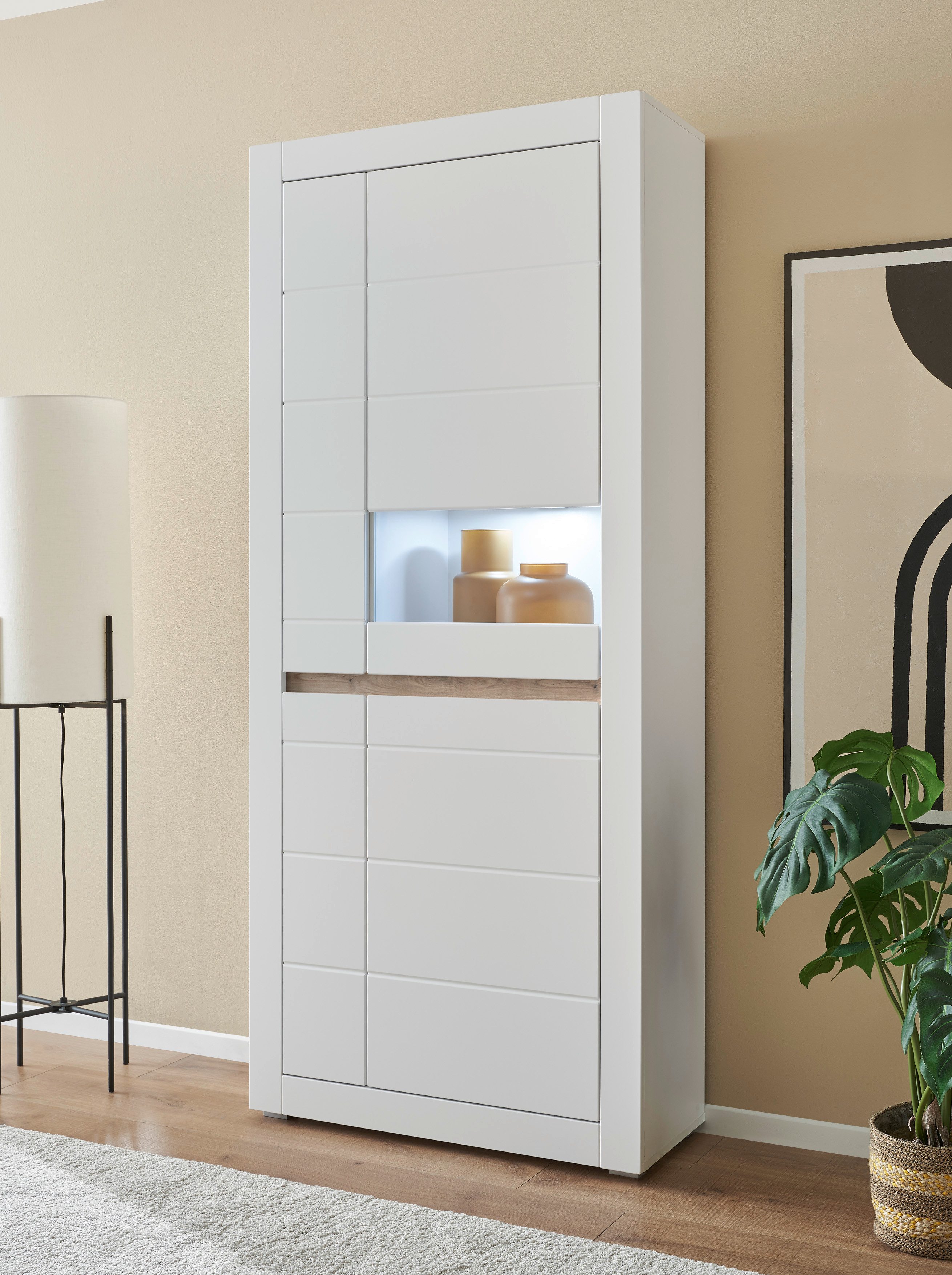 INOSIGN Vitrinekast Chester, Hoge kast met opbergruimte, Glazen vitrine, Dressoir, Mat Wit (1 stuk)