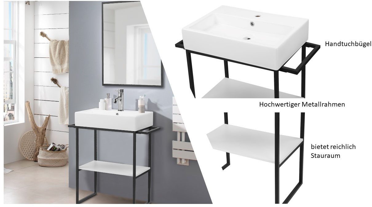 welltime Wastafelonderkast Stockholm Badkamermeubels metaallook incl. wasbak, breedte 60 cm wastafel
