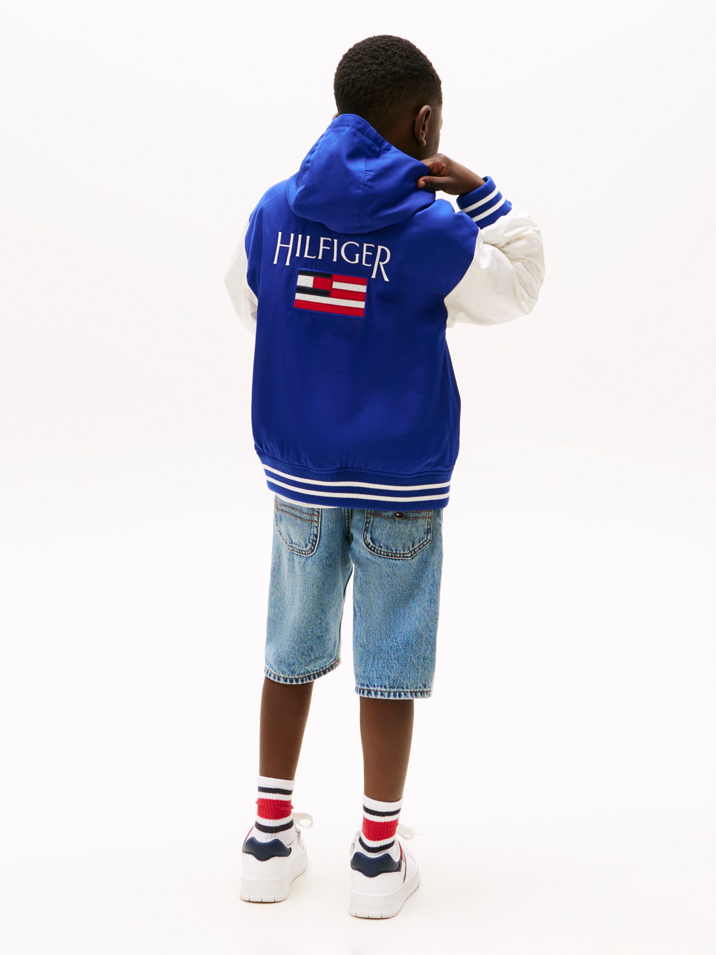 Tommy Hilfiger Bomberjack HOODED GRAPHIC BOMBER met groot logo, contrast-strepen