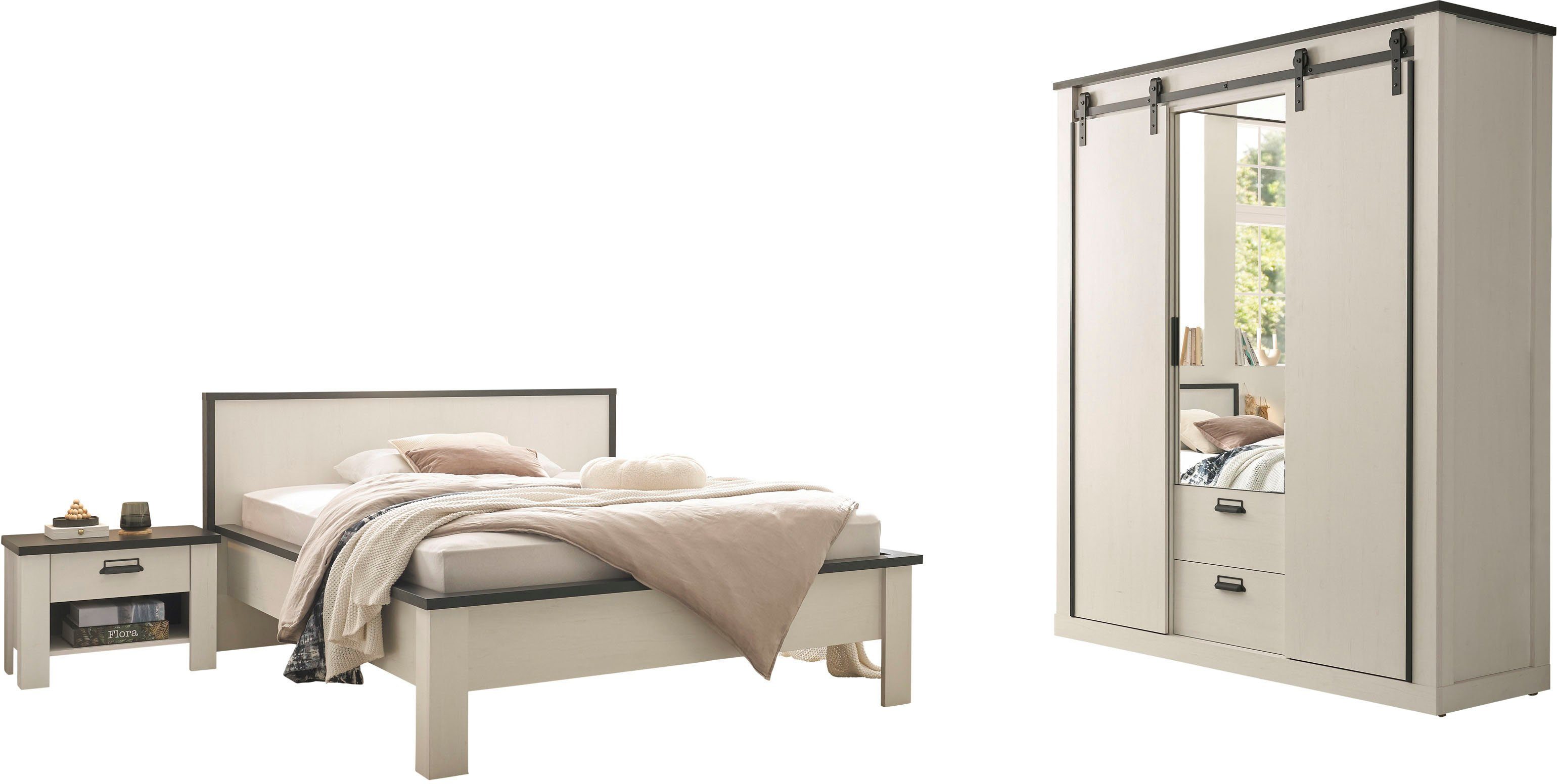 home affaire slaapkamerserie sherwood ligoppervlak 140 x 200 cm, kast 3-deurs 162 cm breed (4-delig) wit