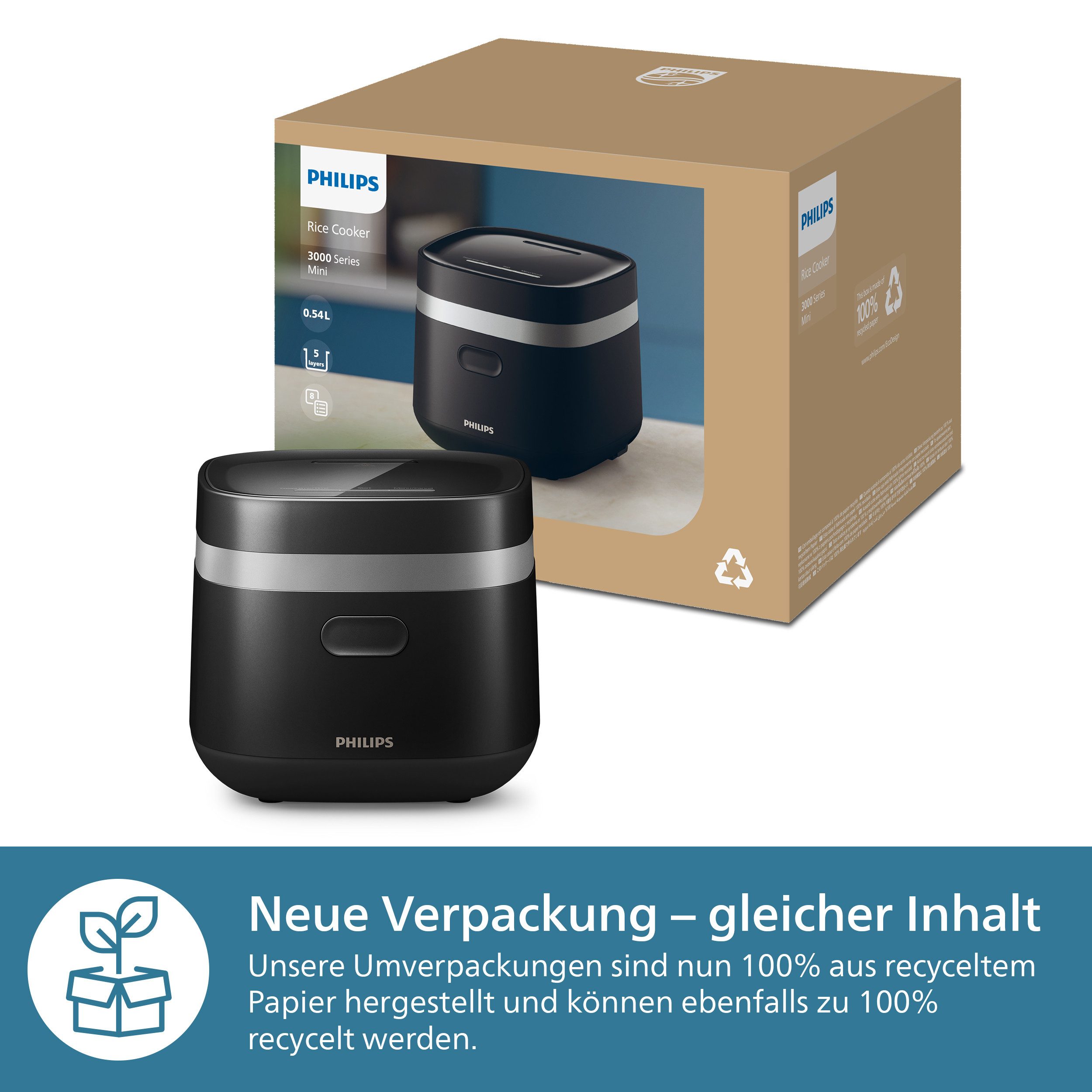 Philips Rijstkoker Mini 3000 Series, für 1-3 Personen, mit 8 voreingestellten Programmen