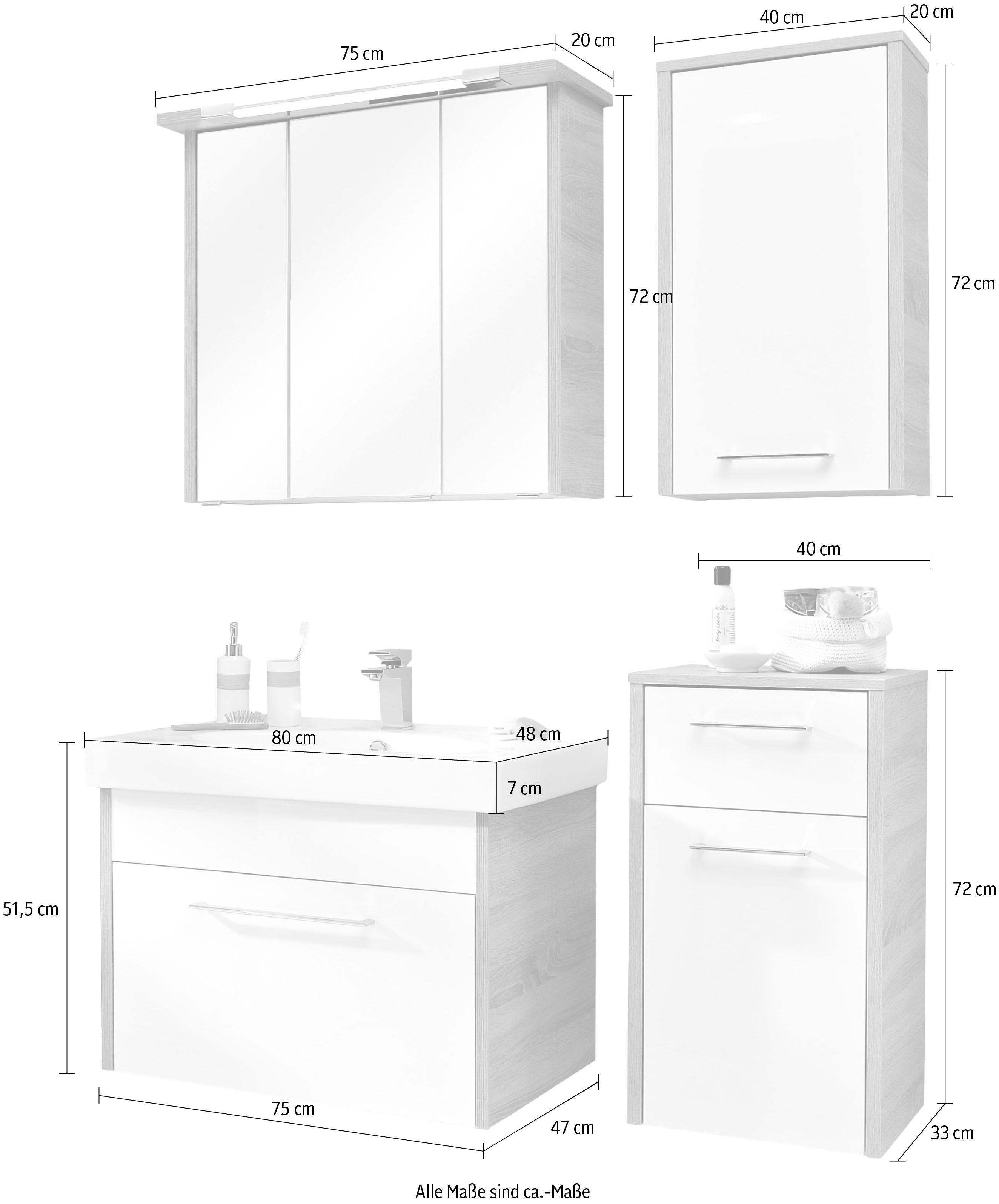 Saphir Badkamerserie Quickset 382 4-delig keramieken wastafelonderkast met led-spiegelkast (5-delig)