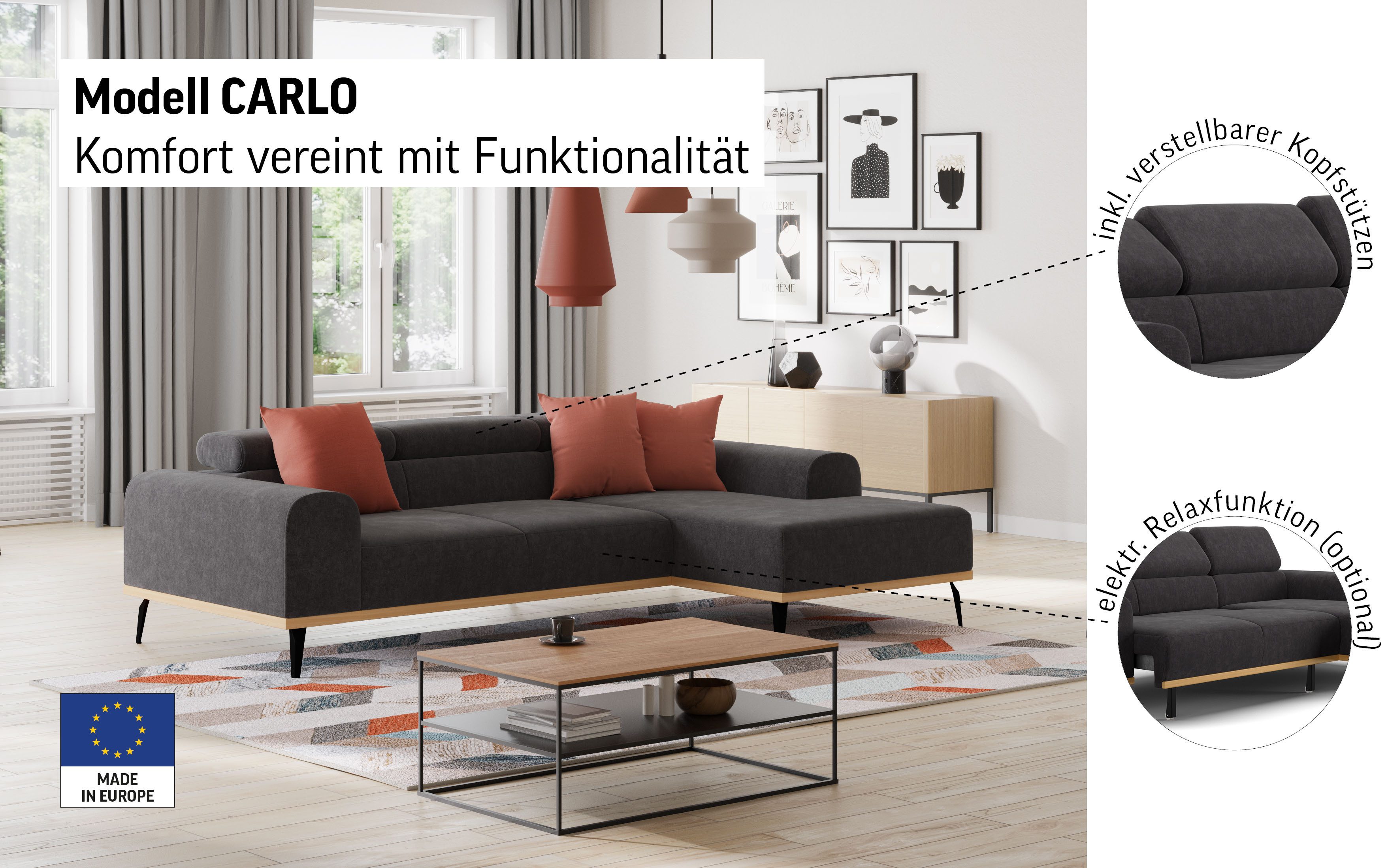 Places of Style Hoekbank Carlo L-vorm met hoofdeinde-verstelling & houten frame-look, optionele relaxfunctie