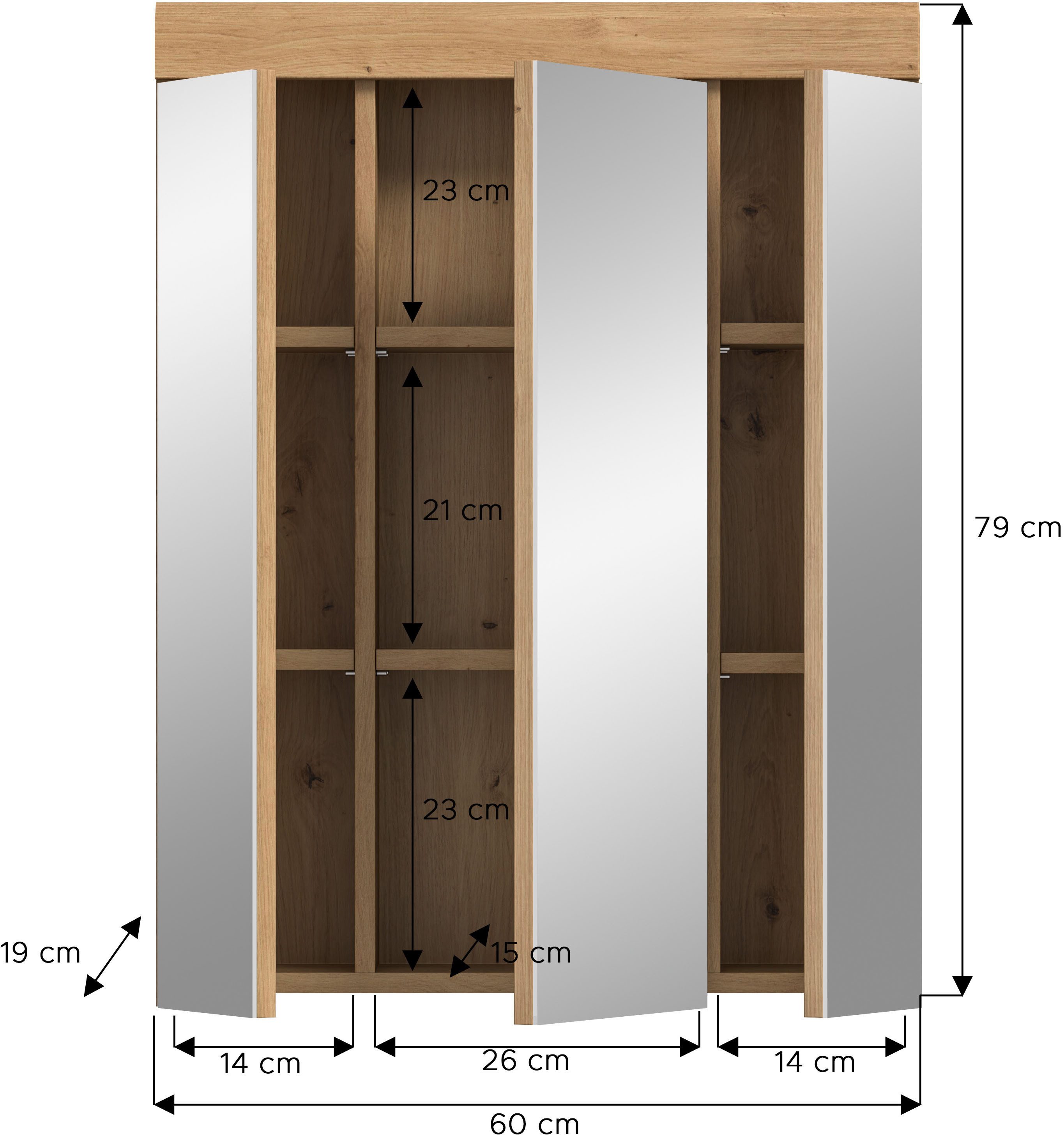 INOSIGN Badkamerspiegelkast Siena, breedte 60 cm, 3 spiegelt deuren, 9 vakken, 6 legplanken in verschillende kleuren verkrijgbaar, badkamermeubels, spiegel, badkamerkast, badkamer