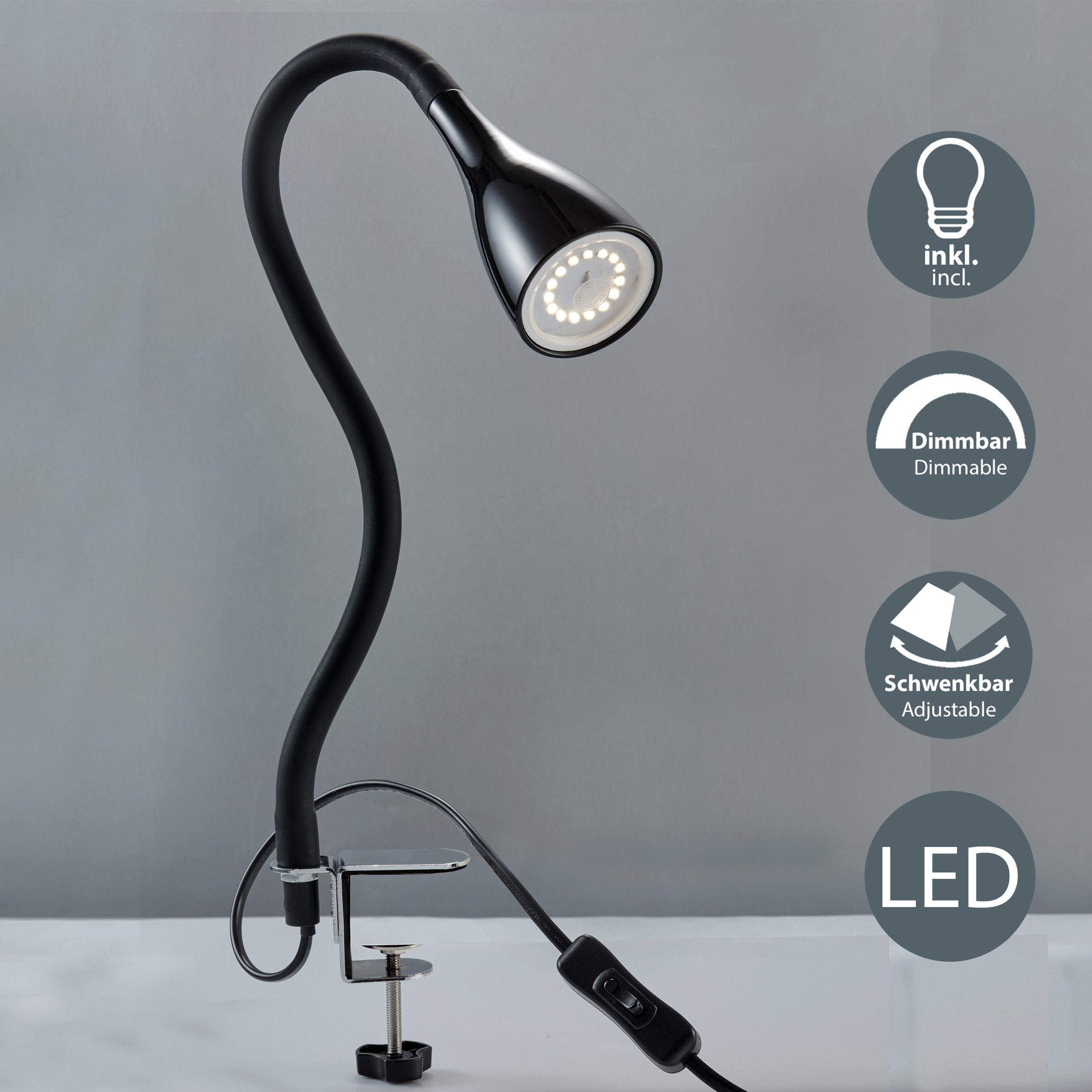 B.K.Licht Led-klemlamp Sirius 3-traps, dimbaar, flexibele gooseneck met siliconen coating