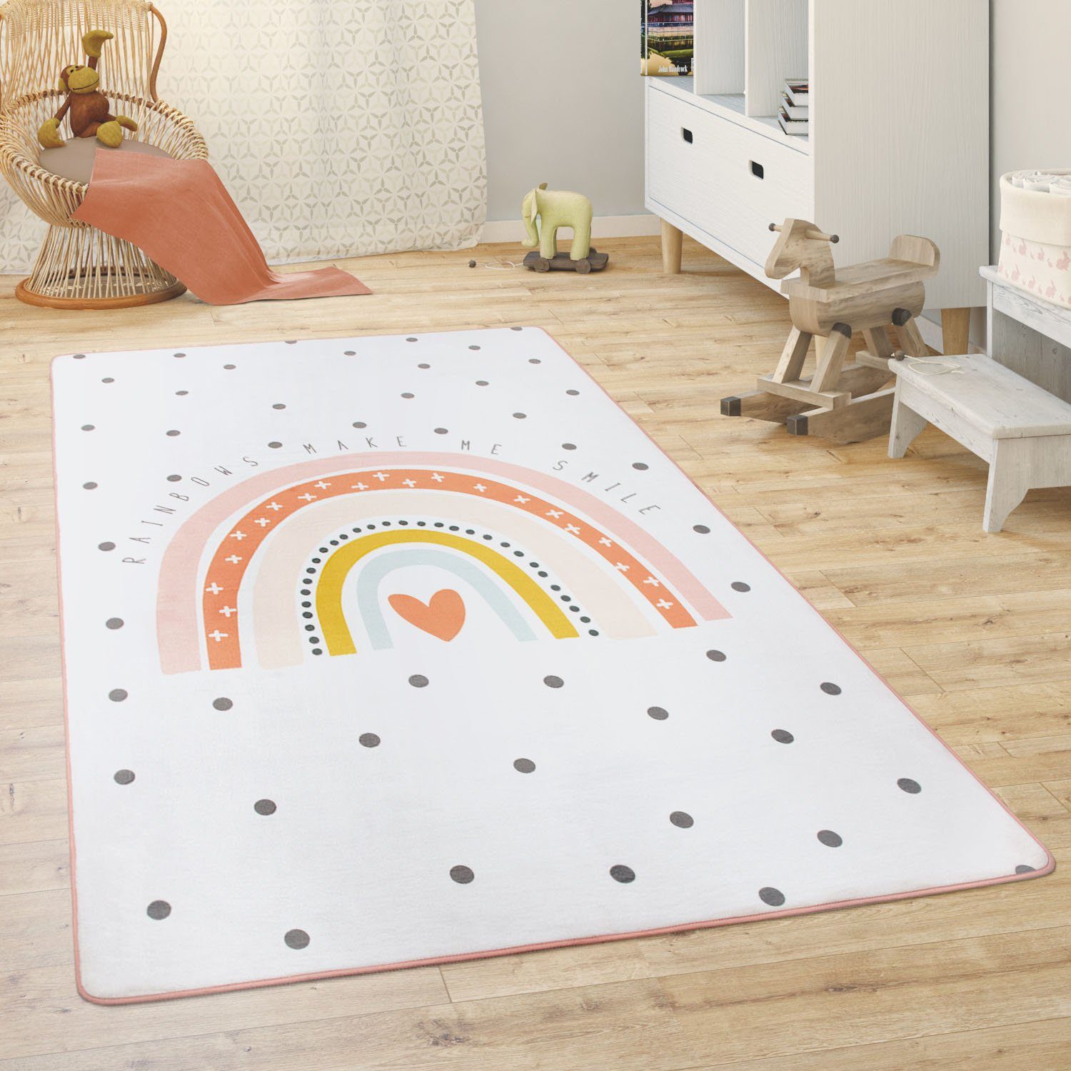 Paco Home Kindervloerkleed Chicos 552 Platweefsel, schattig, kinderdesign, motief regenboog, pastelkleuren