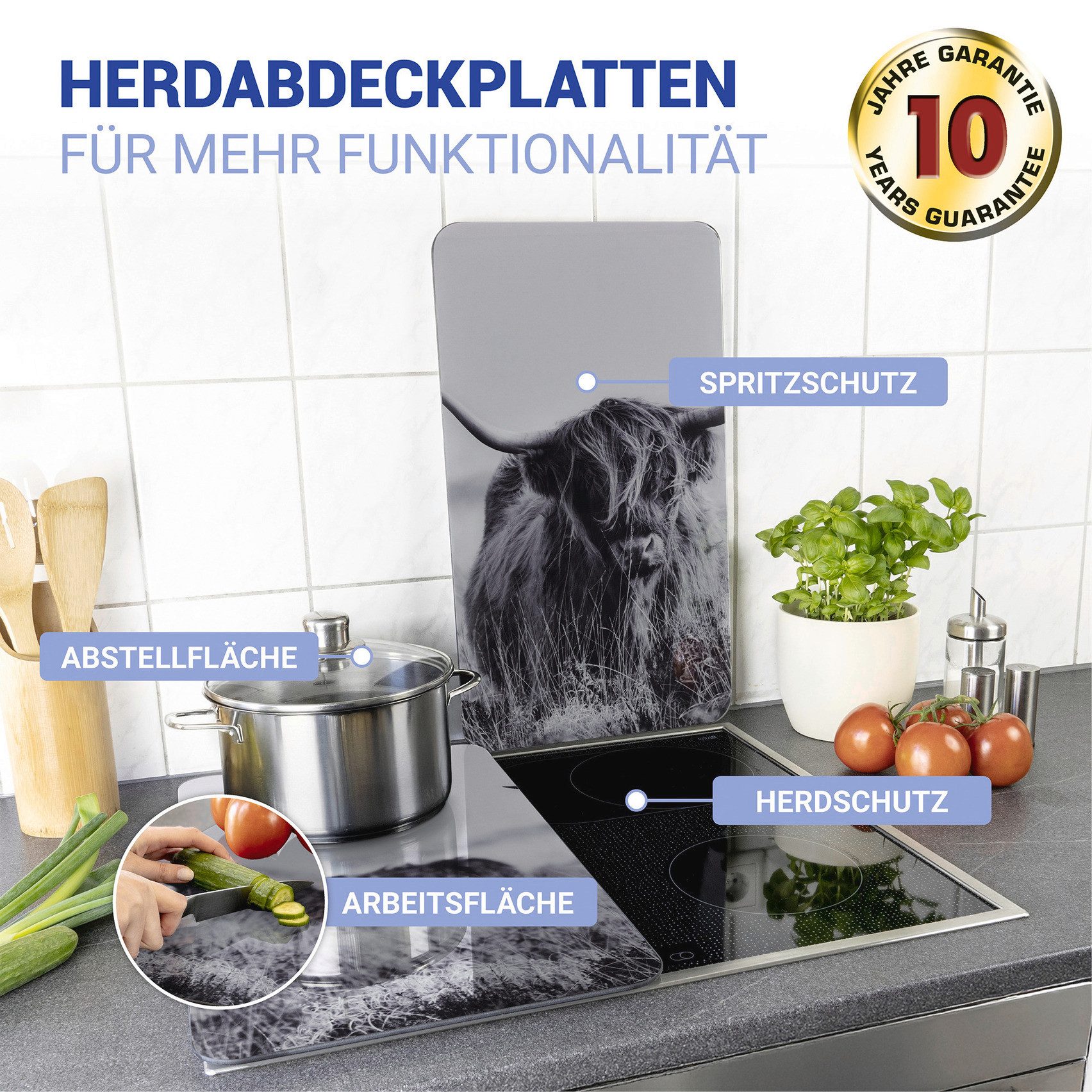 WENKO Kookplaatdeksel Universal Model Highland Cattle Kookplaatafdekking voor alle soorten kookplaten, krasvast, met antislipvoetjes (set, 2-delig)