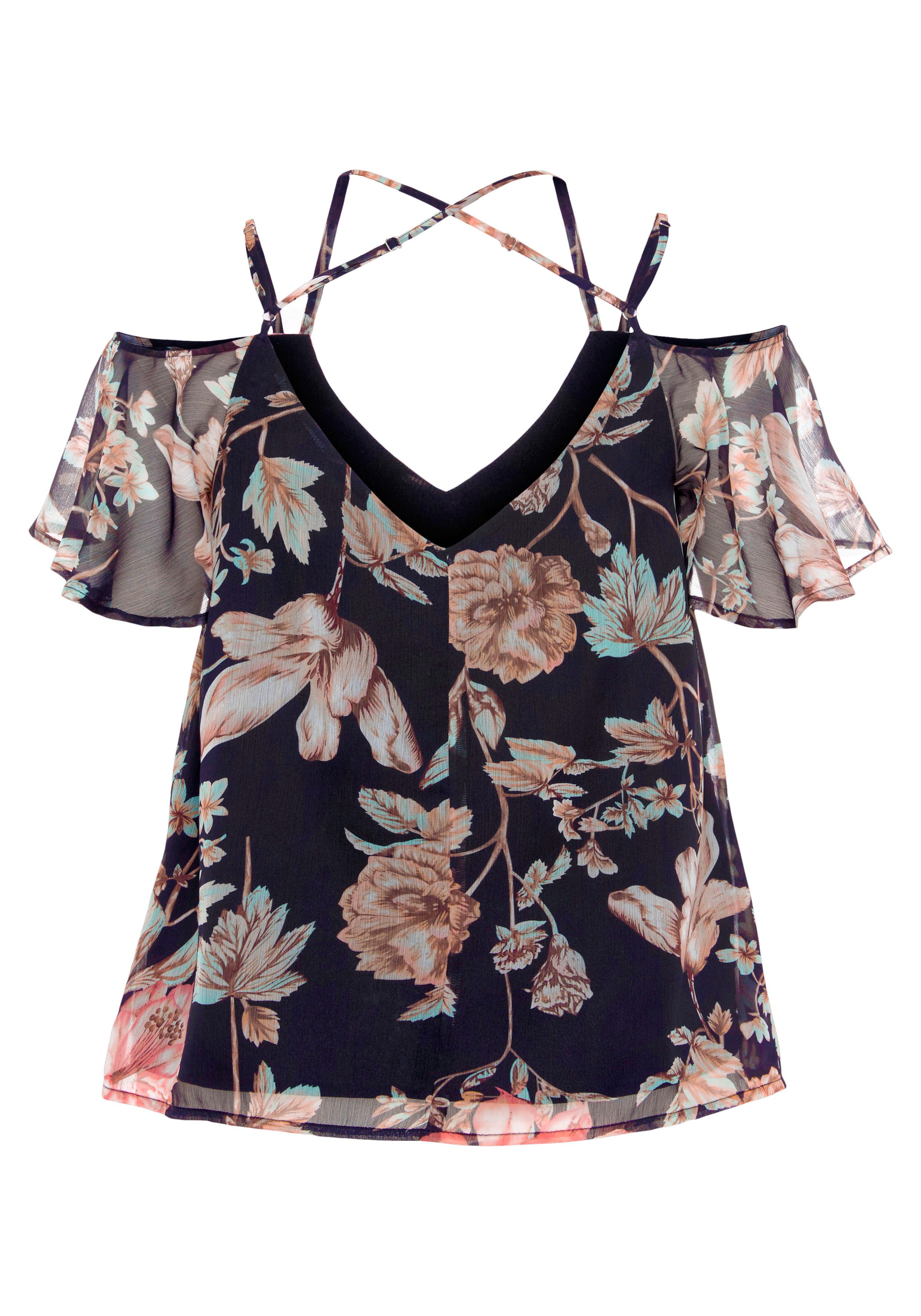 Lascana Chiffon blouse met bloemenprint en trendy bandjes, korte mouwen blouse, damesblouse