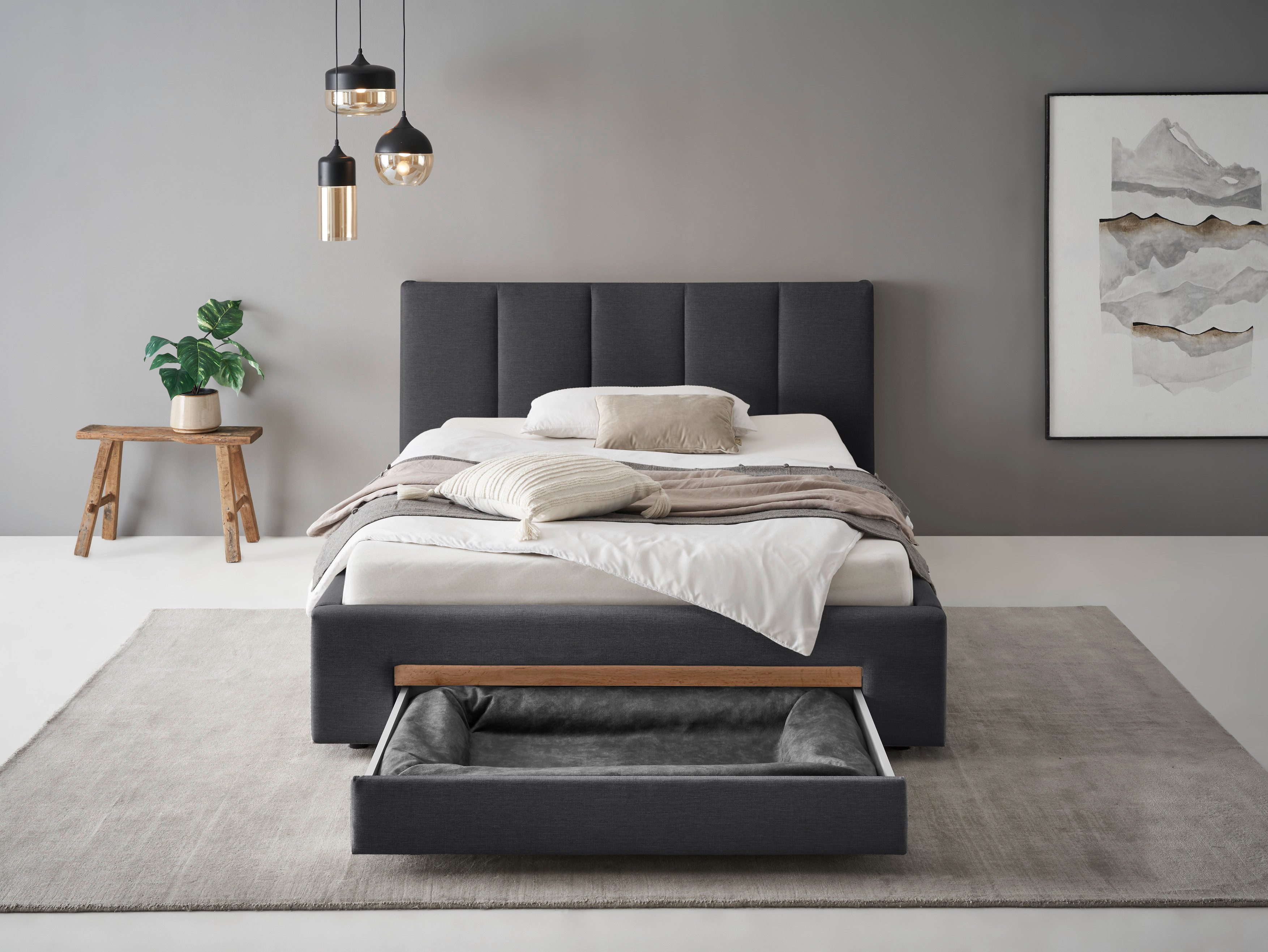 INOSIGN Gestoffeerd bed CiTY/GiRON, bedframe met bedlade, gestoffeerd opbergbed met hondenbed of opberglade, bekleding van corduroy of linnenlook