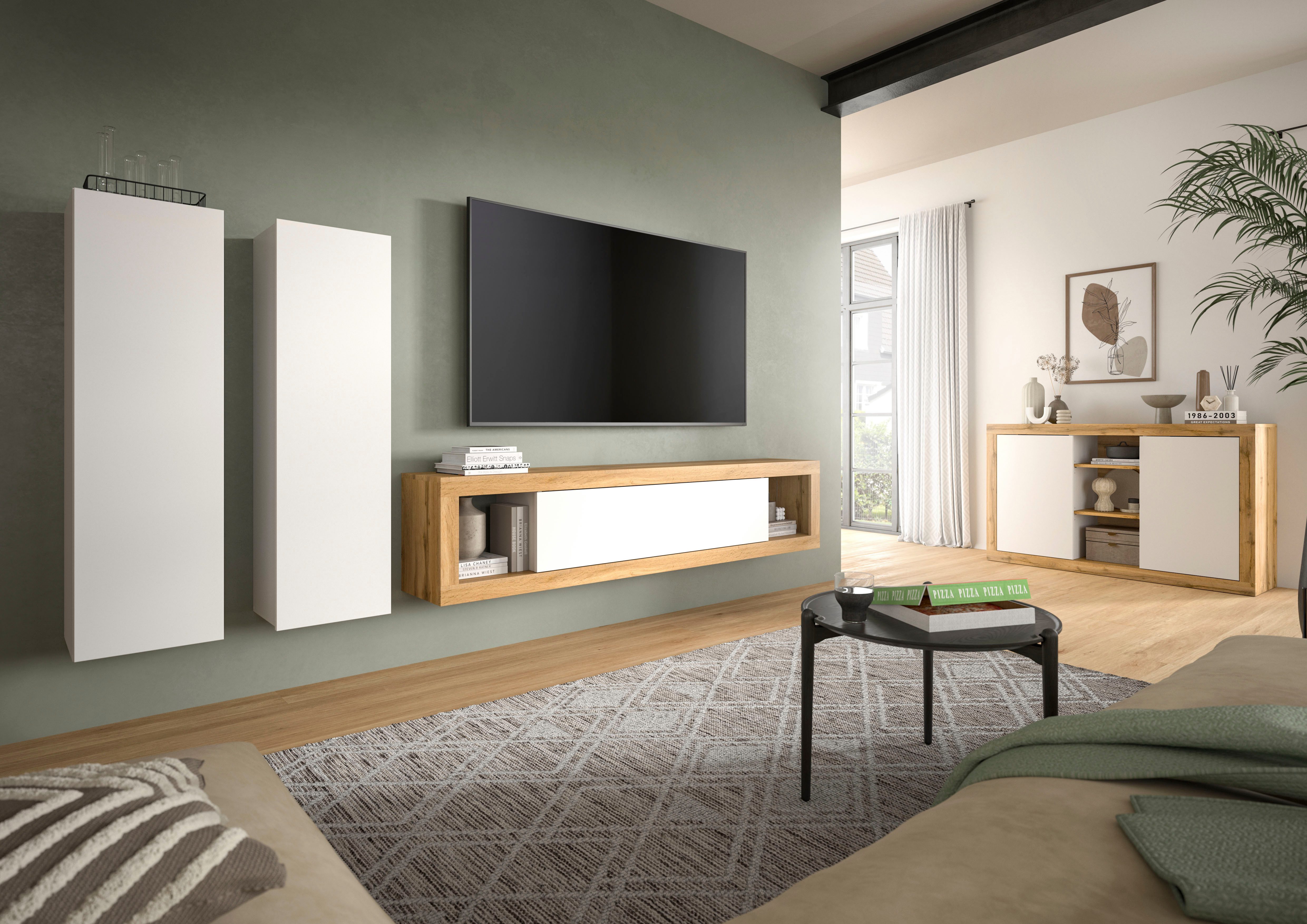 INOSIGN Tv-meubel Trinity, Breedte 180 cm, staand en hangend, 1 klep, 2 open vakken, greeploze fronten, tv-meubel, tv-kast, hangkast