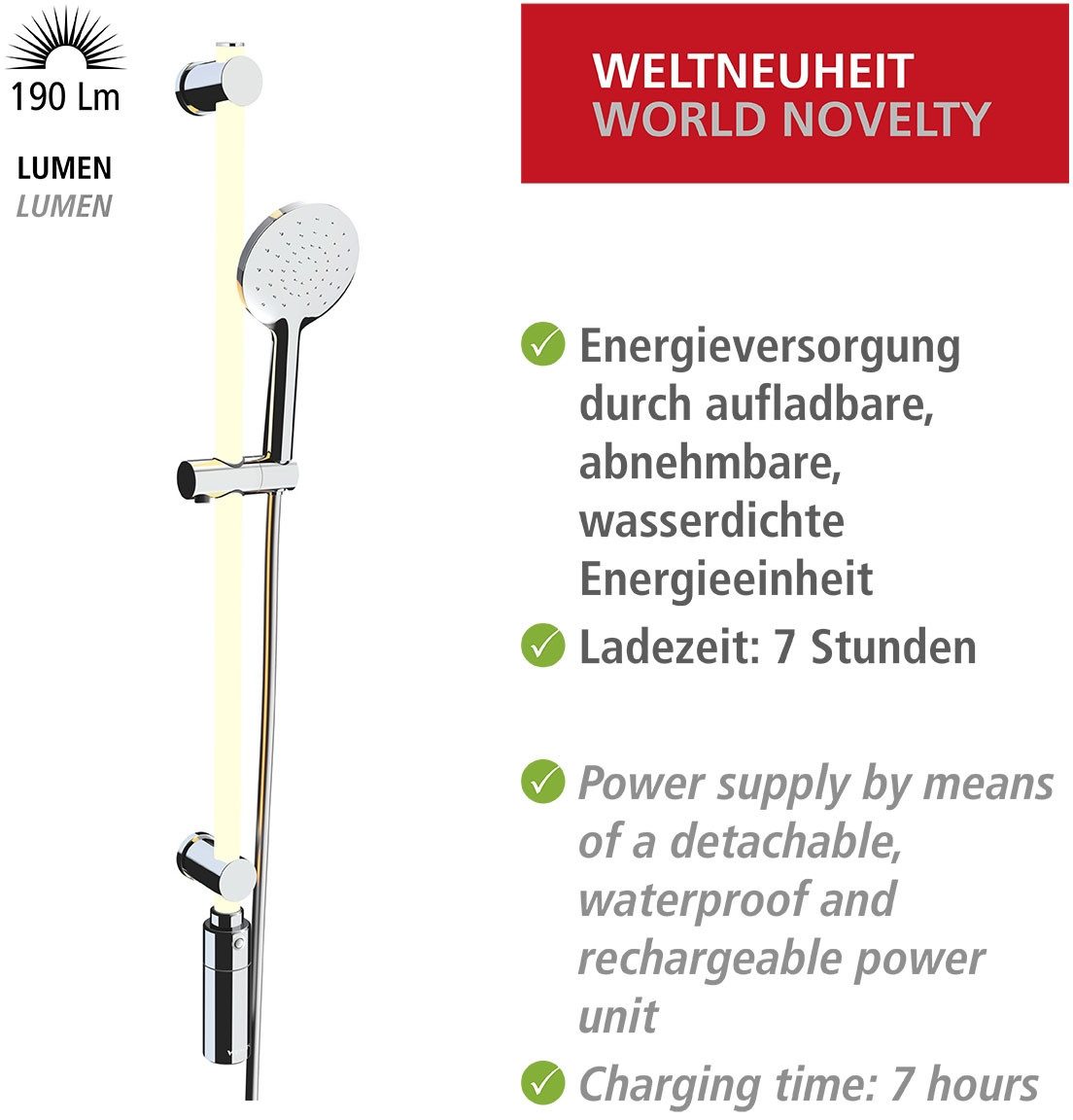 WENKO Douchestang-set Douchestang met ledverlichting met douchekop en doucheslang, inclusief oplaadbare eenheid (3-delig)