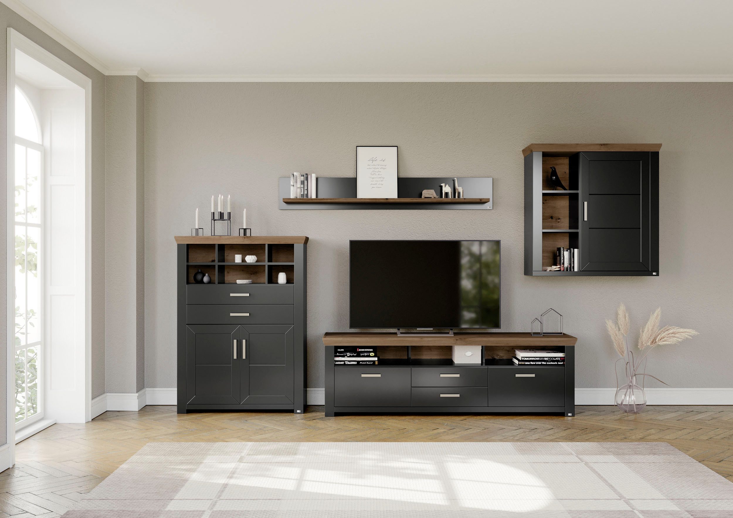set one by Musterring Wandmeubel York Combinatie 01, in 3 kleurvarianten, totale breedte 374 cm (set, 4-delig) tv-wandmeubels grijs