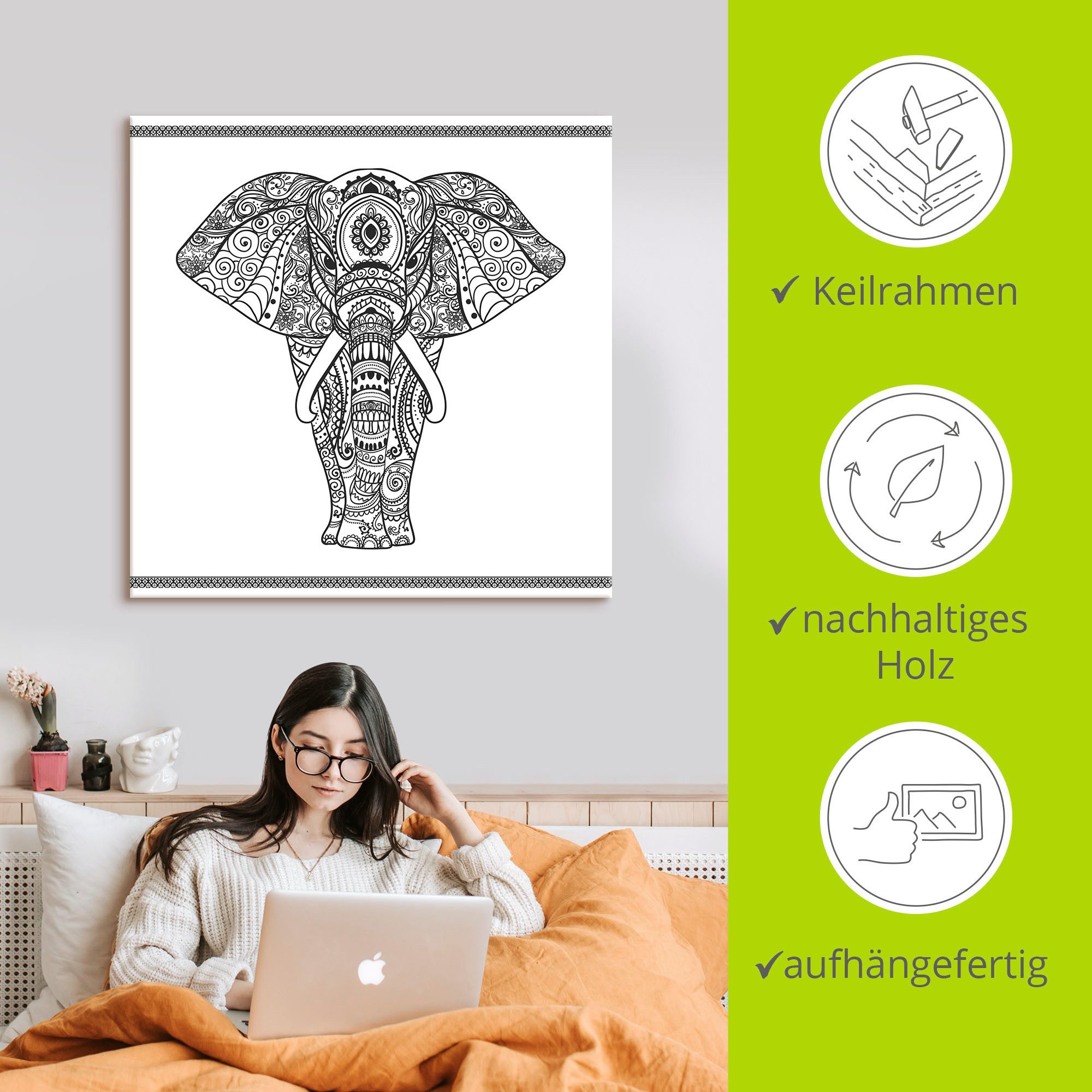 Artland Artprint Olifant in mandala als artprint op linnen, poster, muursticker in verschillende maten