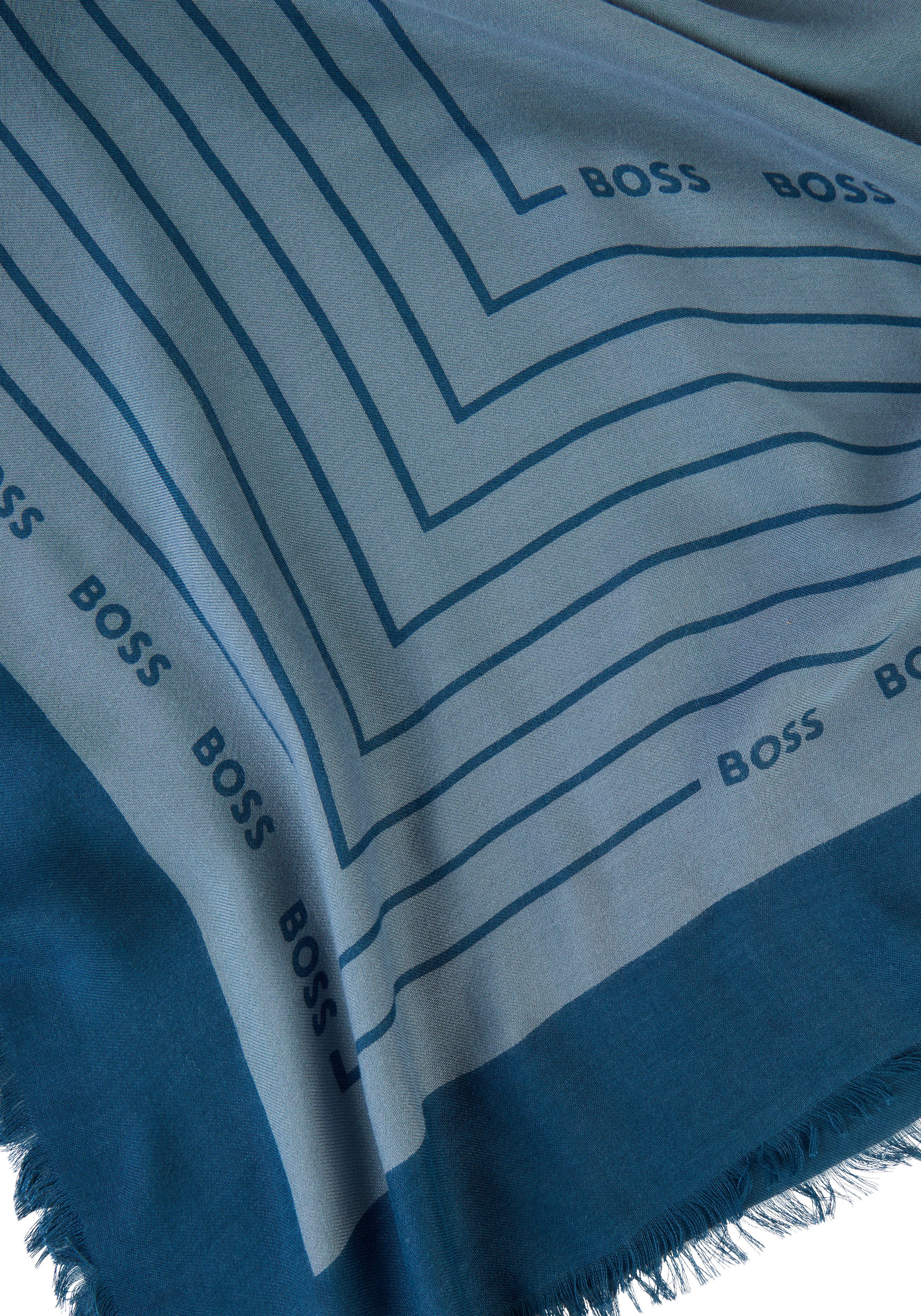 Boss Sjaal Laik 120*120 met boss-logo-teksten, rondom kleine franjes