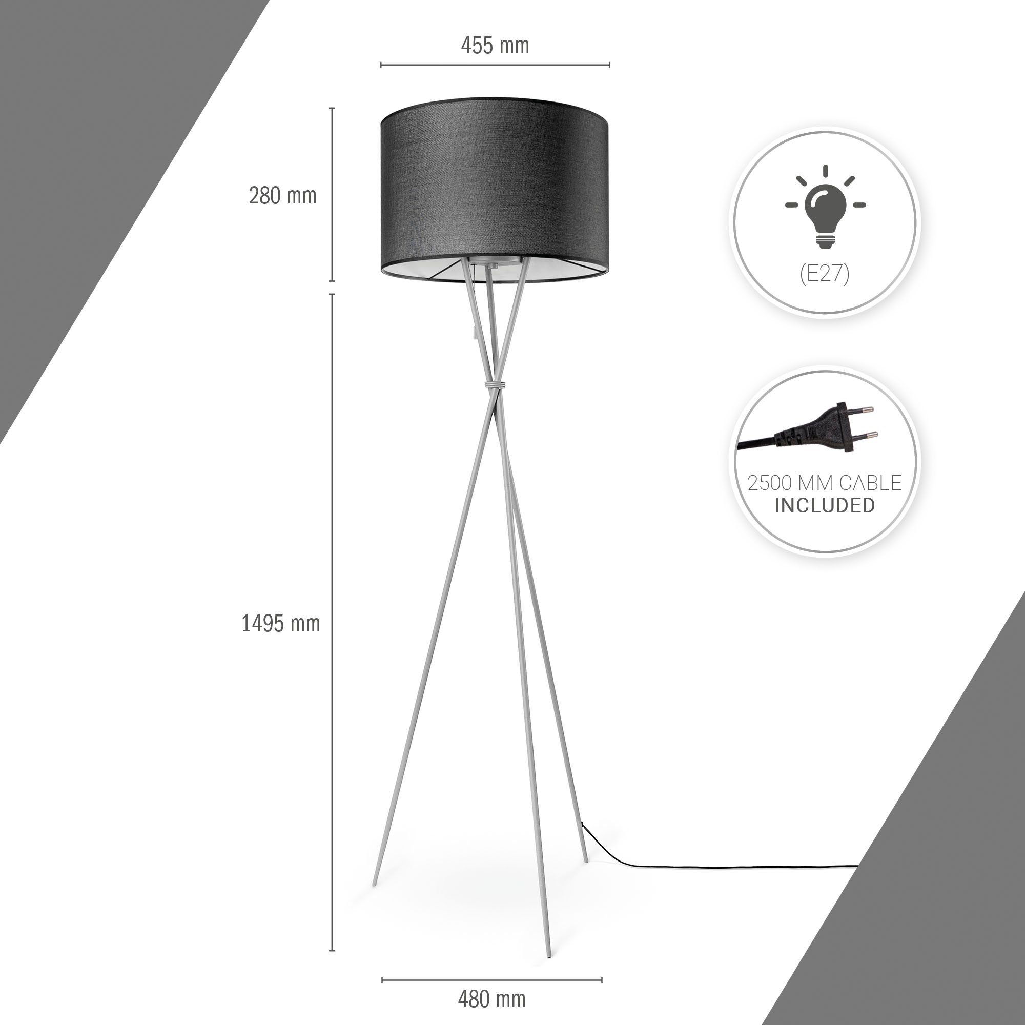 Paco Home Staande lamp KATE CANVAS UNI COLOR Woonkamer driepoot stoffen lampenkap vloerlamp textiel kap E27