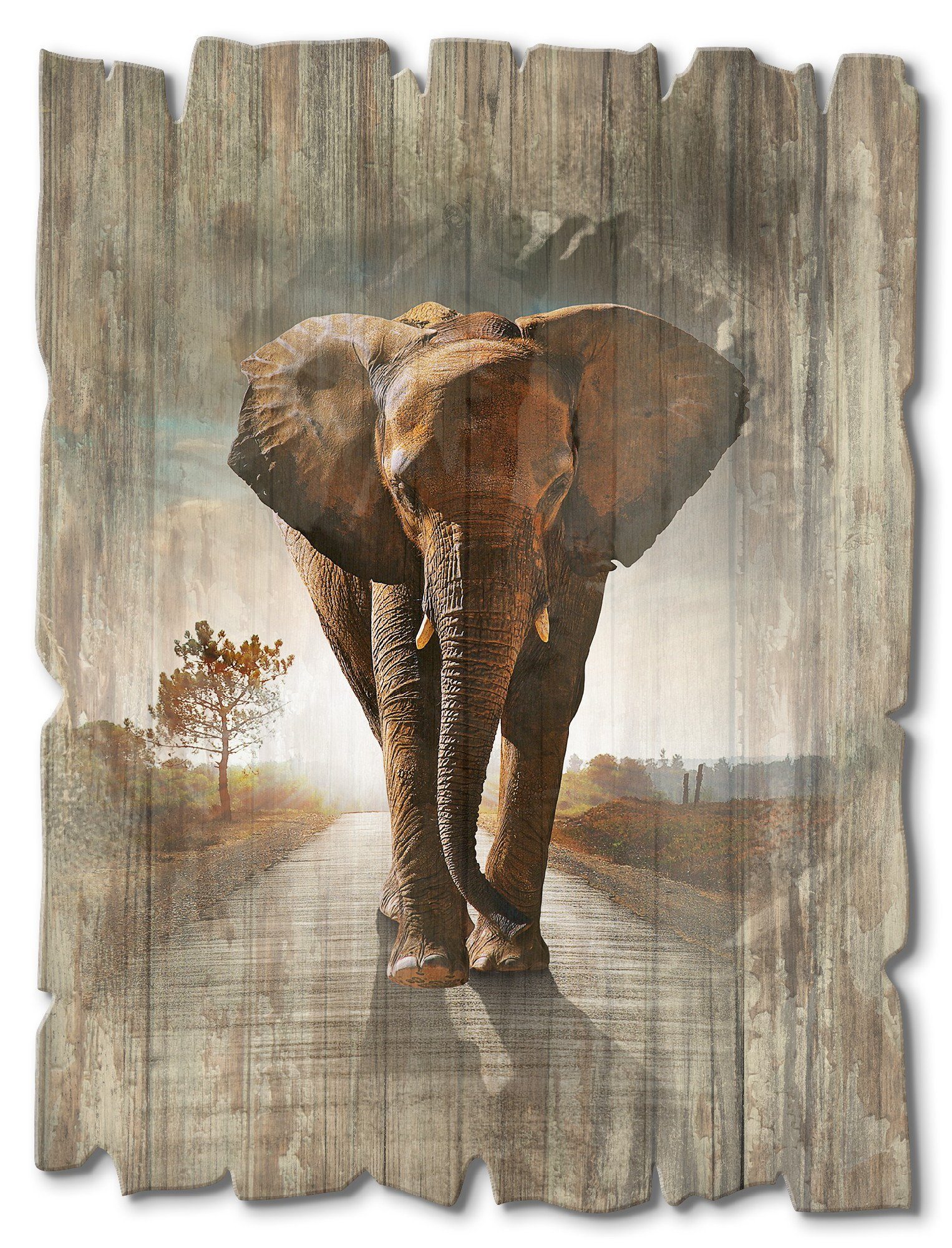 Artland Artprint op hout Een olifant loopt op de weg