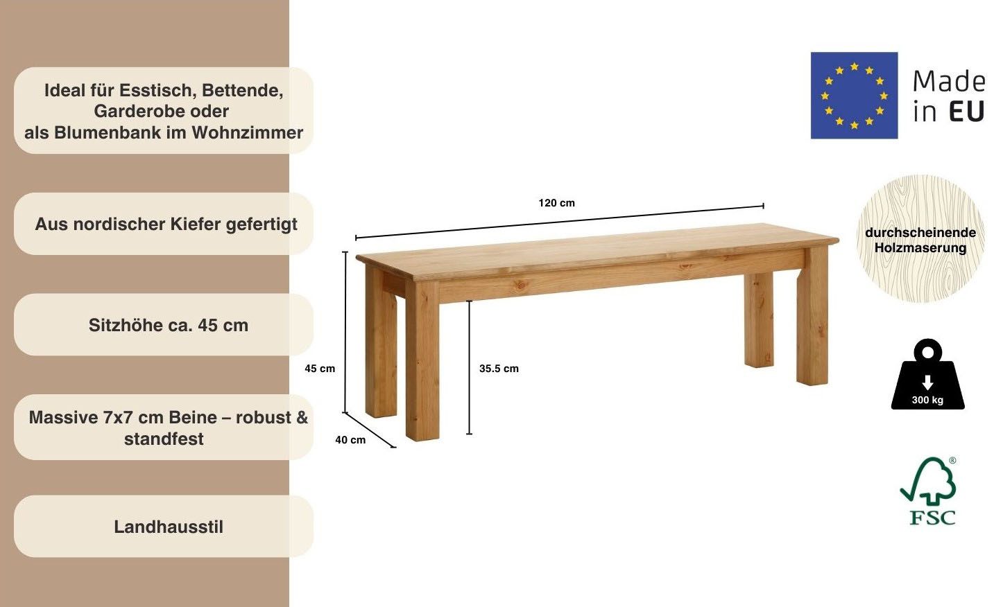 Home affaire Zitbank Breedte 120 cm, van massief, FSC®-gecertificeerd dennenhout