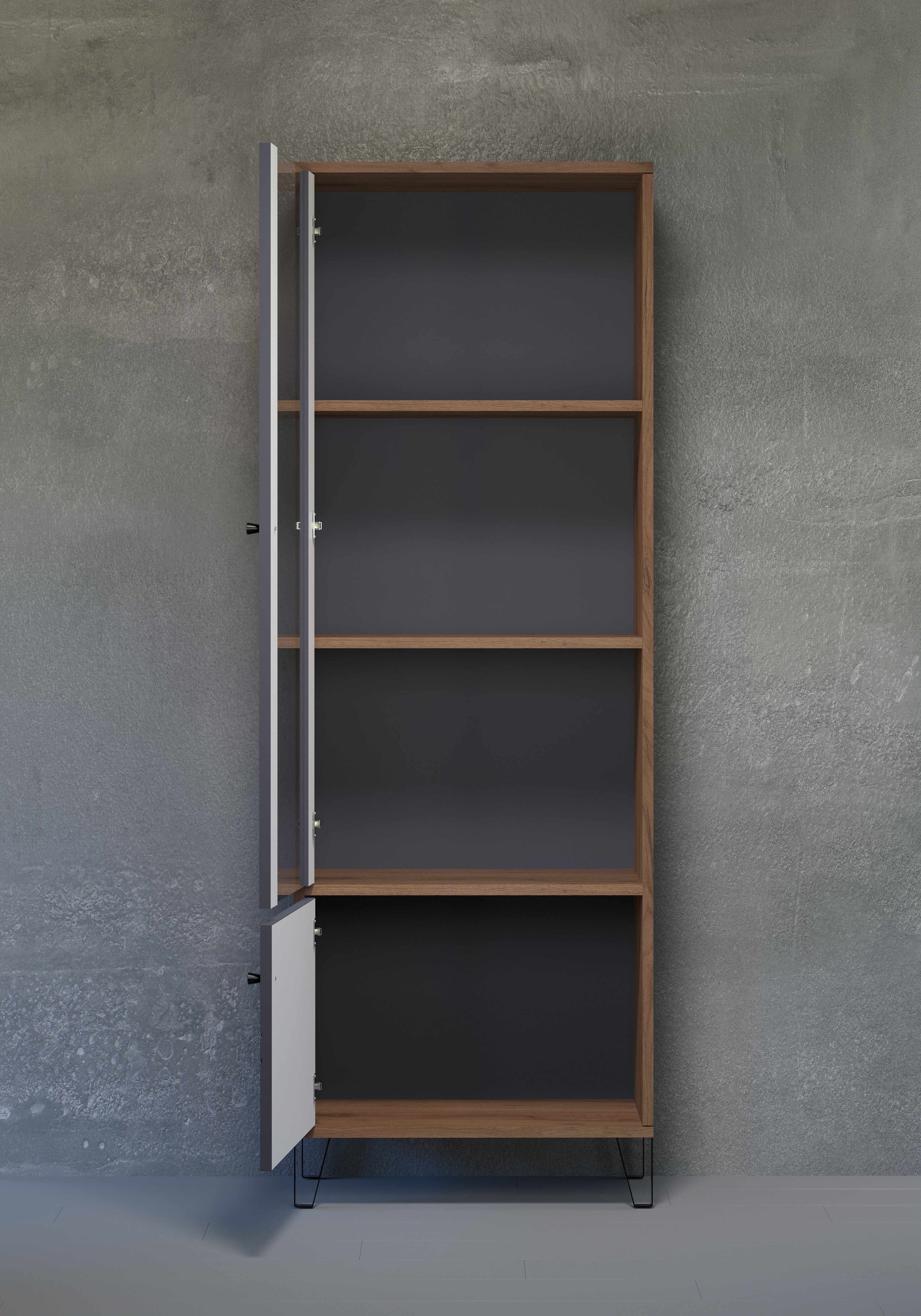 Places of Style Vitrinekast MOLVENO Woonkamer vitrine met voelbare grafiet vierkantlook - 63/40/172 cm (1 stuk)