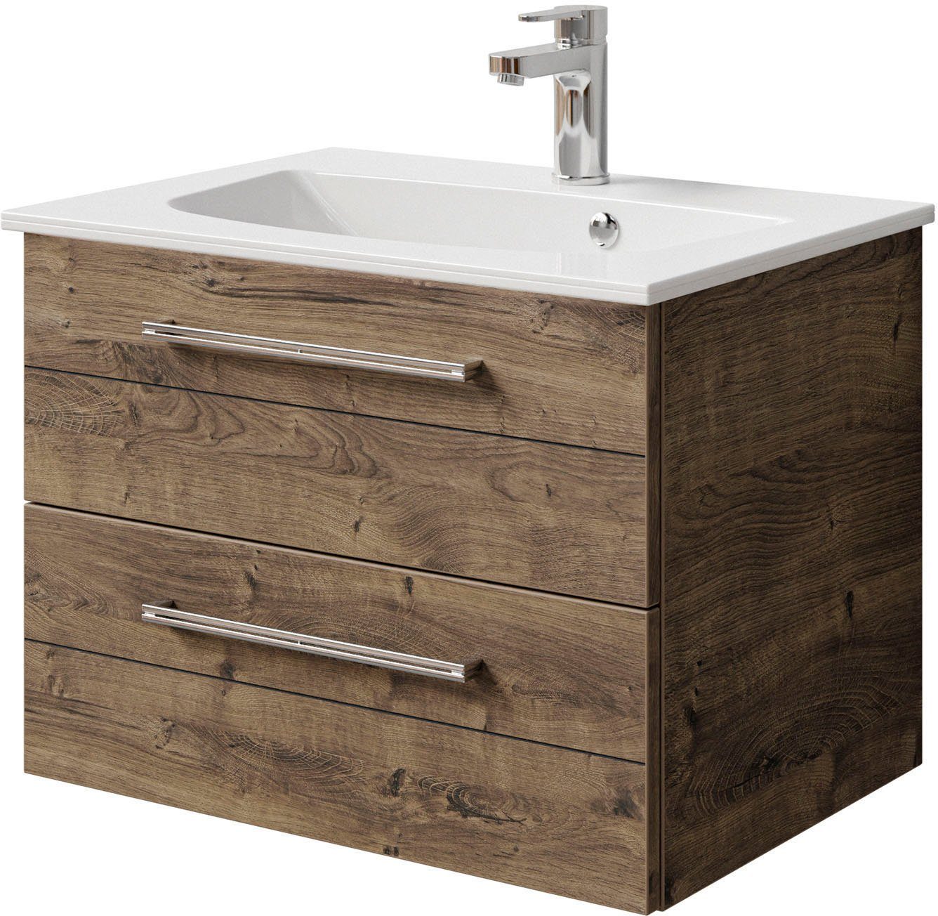 Saphir Wastafelonderkast Serie 6025 mineraalmarmeren wastafel met onderkast, 67 cm breed (2-delig) wastafelmeubels bruin