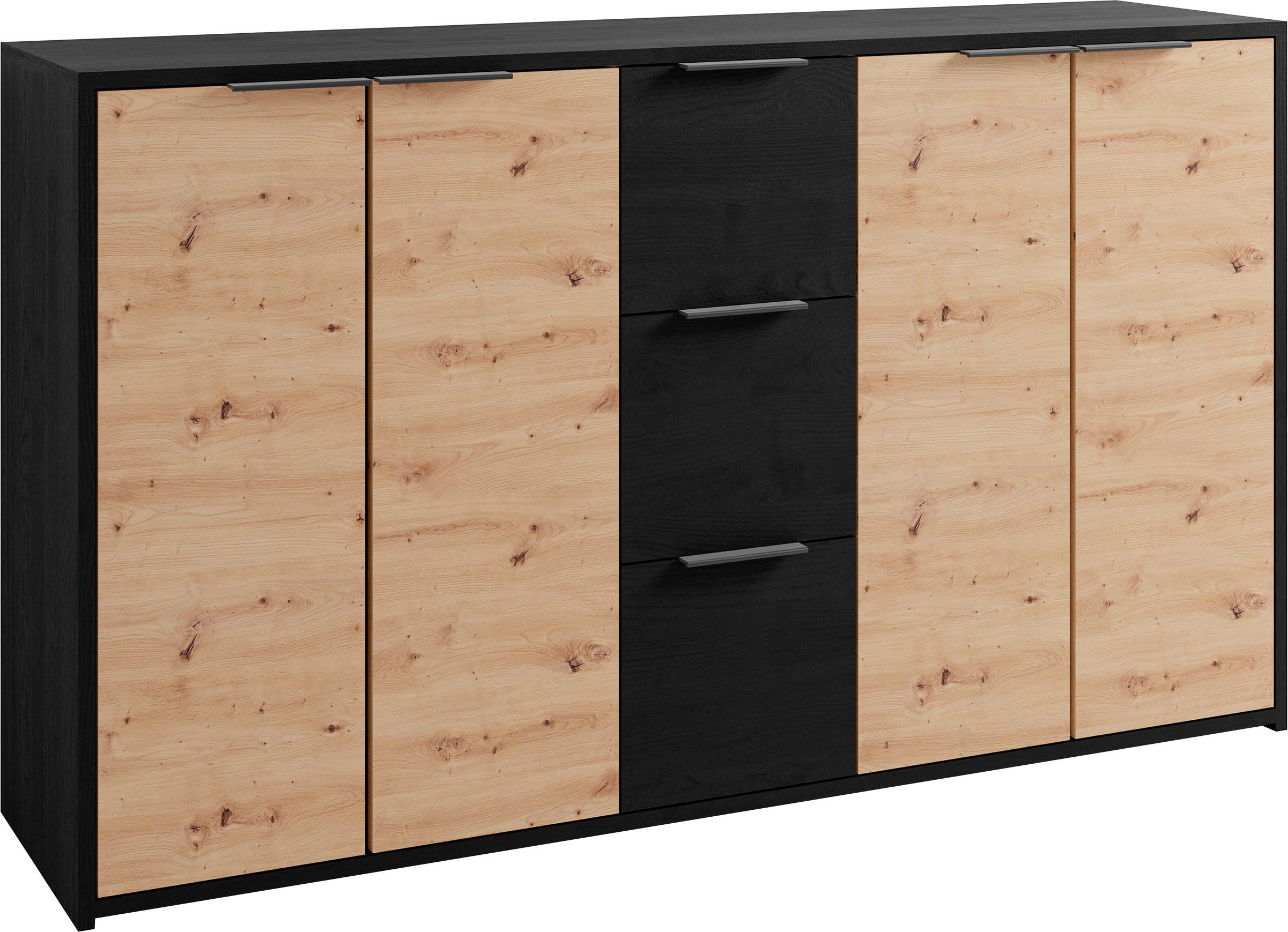 byLIVING Dressoir Rimini Melamine eiken zwart en artisan eiken, 3 lades, 4 deuren