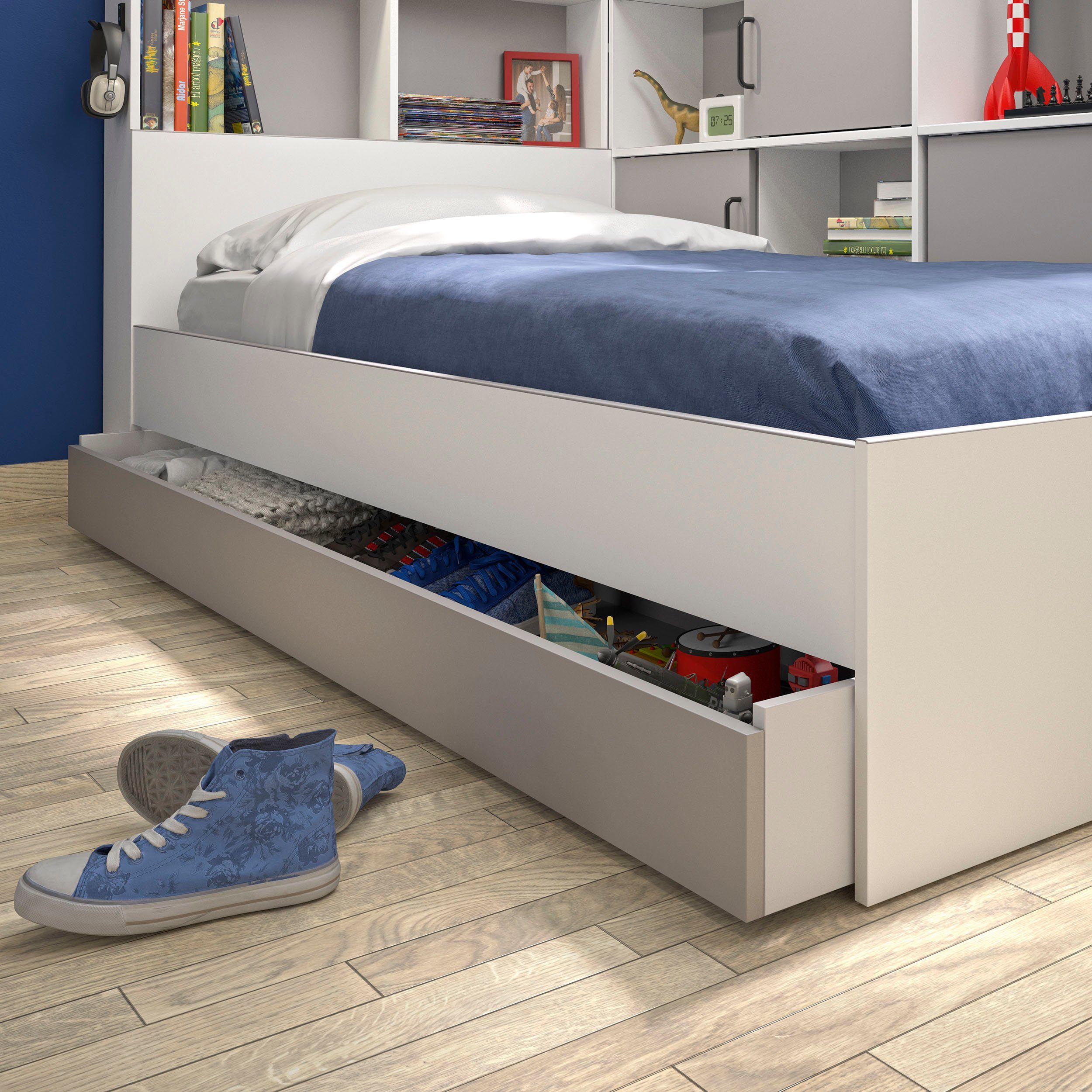 Gami Ledikant met bergruimte Erwan, viel Stauraum, Made in France, verschiedene Farben met grote lade, veel planken en opbergvakken