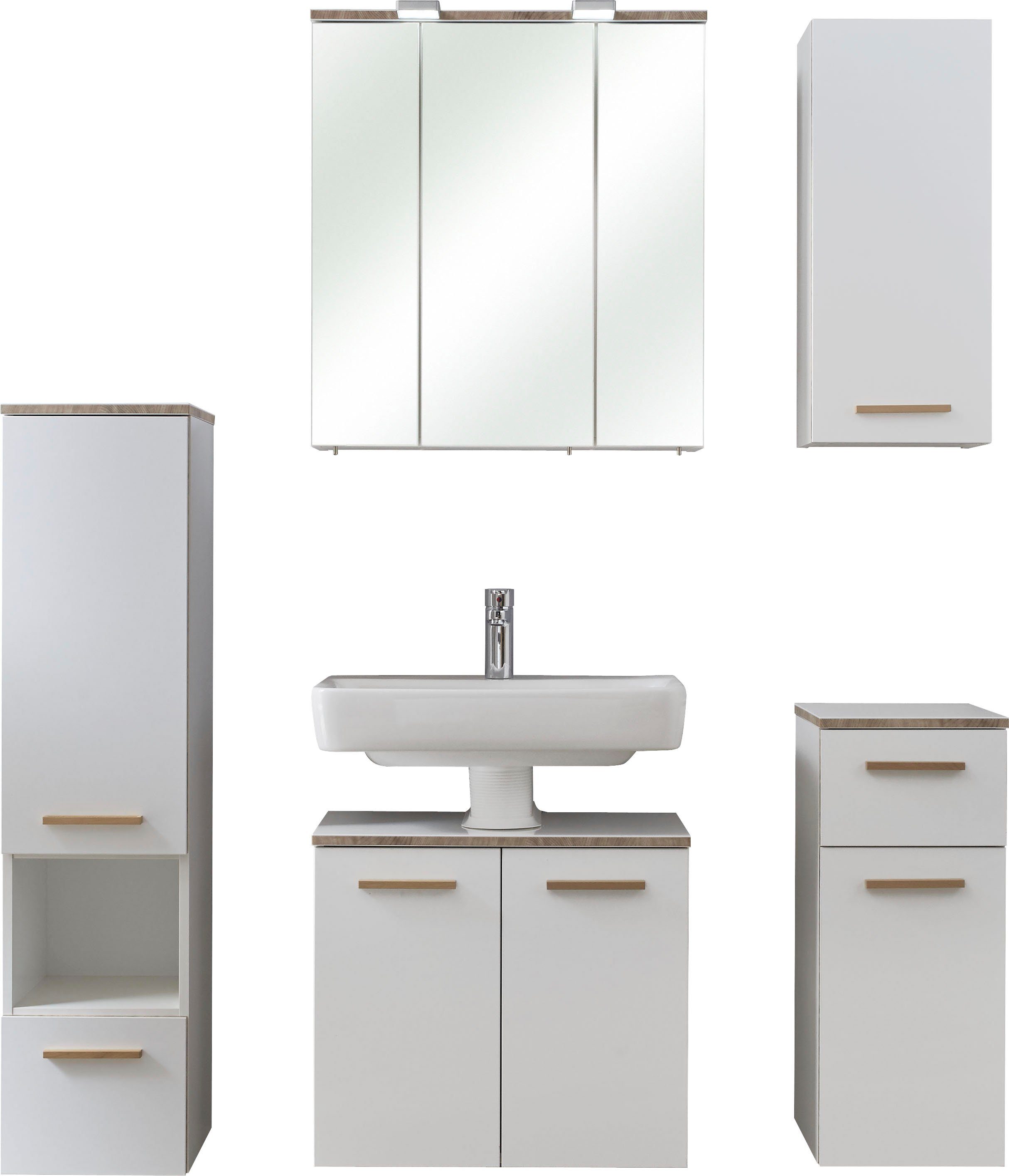Saphir Badkamerserie Quickset 931 5-delig, wastafelonderkast met LED-spiegelkast Middel kast, onderkast, hangkast, incl. deurdemper, wit glanzend (set, 5-delig)