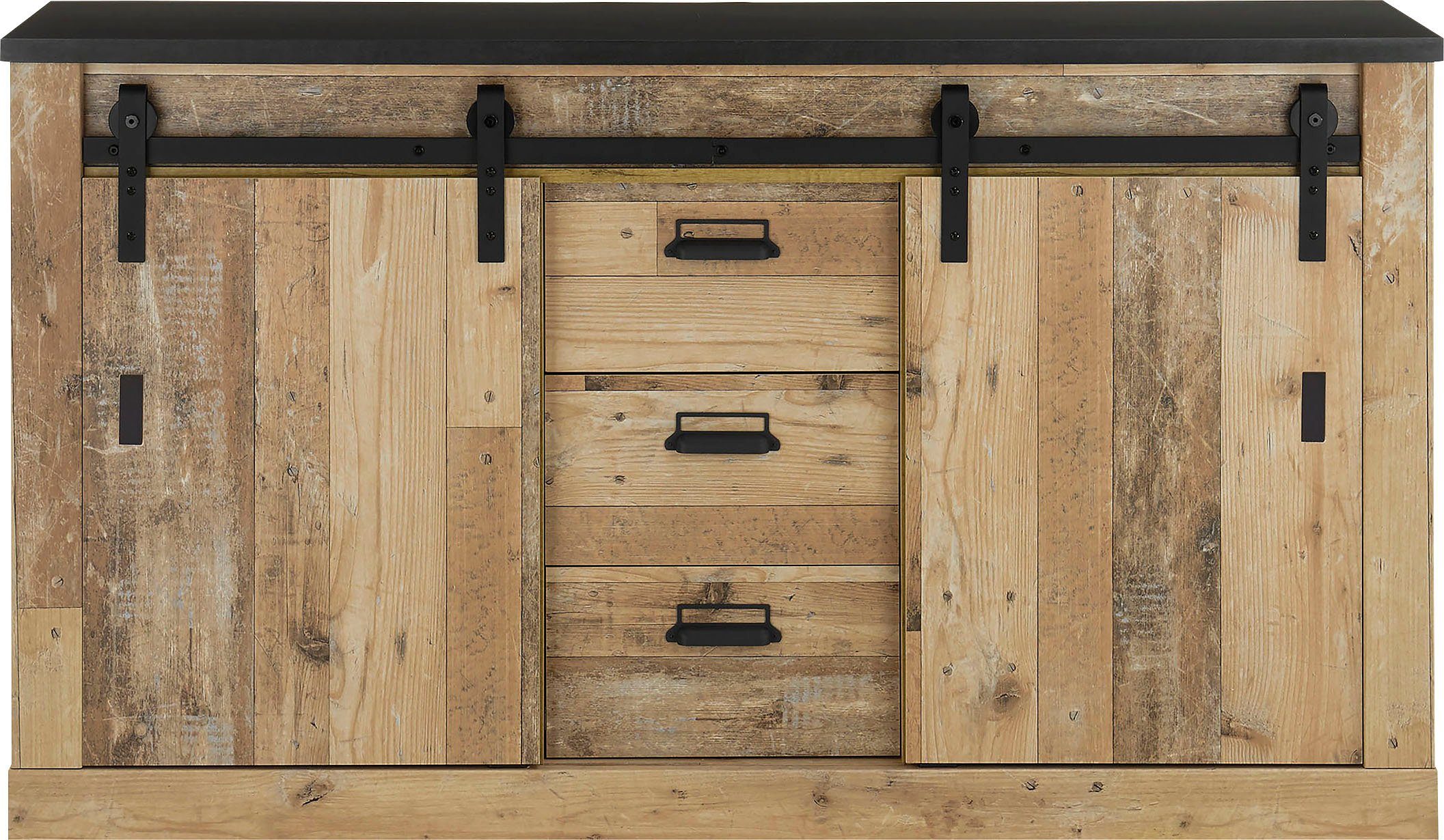 Home affaire Dressoir Sherwood Houtdecor, met schuurdeurbeslag en apothekersgrepen, breedte 161 cm