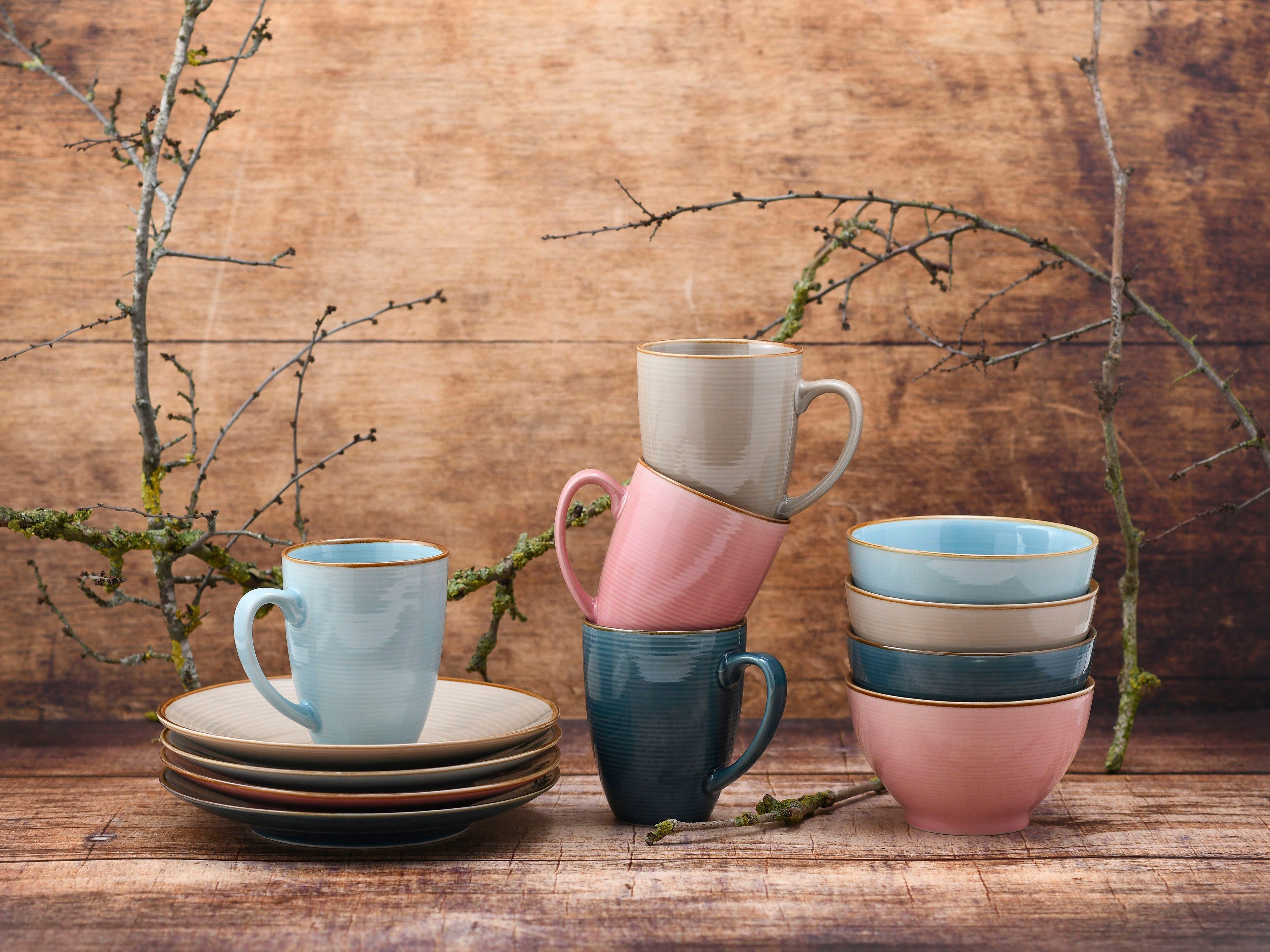 CreaTable Ontbijtserviesset Service, Cosy Morning (bord, schaal, koffie beker) Cirkelstructuur, in pastelkleuren, 12 delen, voor 4 personen (set, 12-delig)