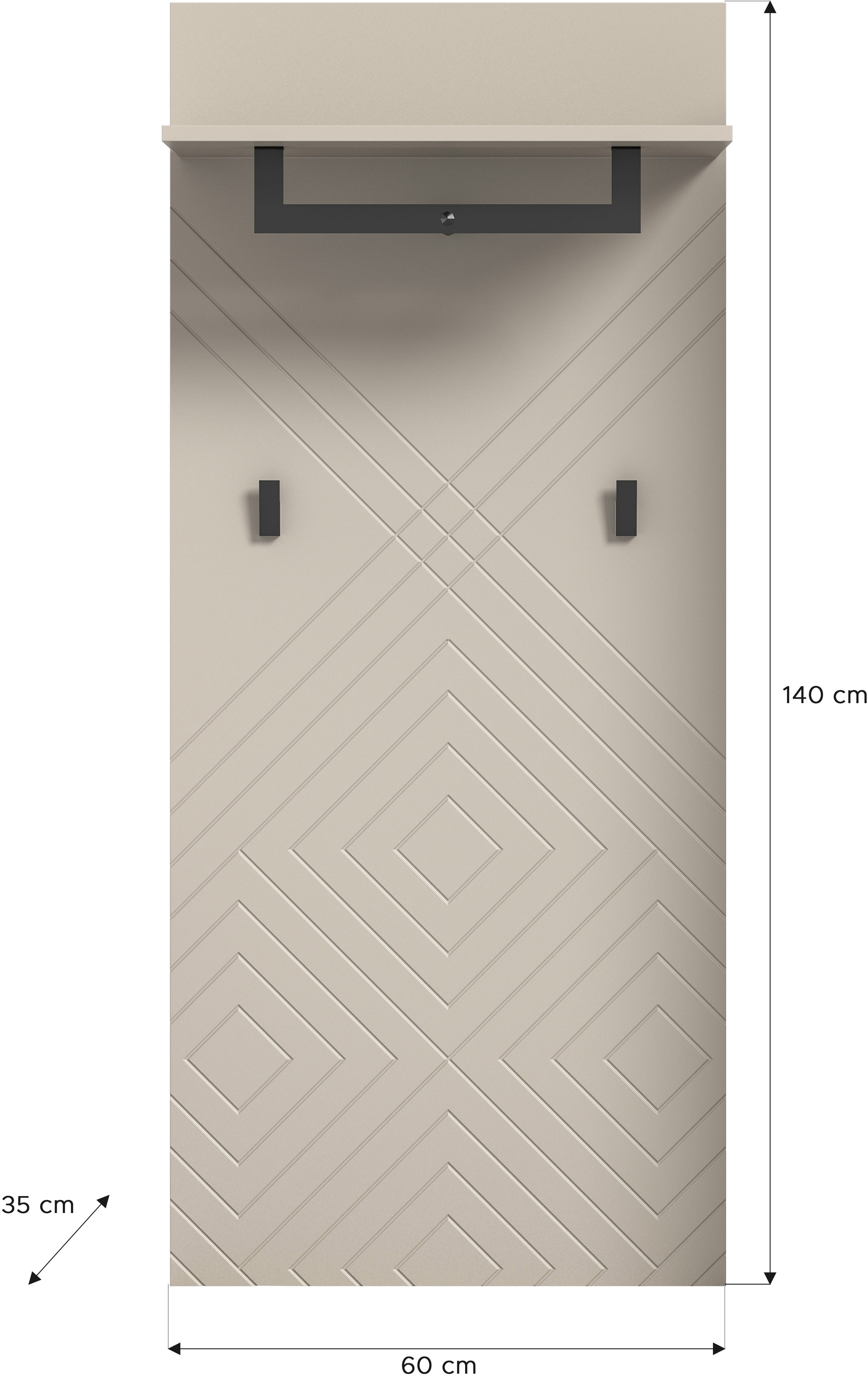 INOSIGN Kapstokpaneel Mento, Hoogte 140 cm, paneelachterwand met ornamentfrezing 2 haken & 1 kledingstang van metaal, paneel, wandpaneel, garderobe (1 stuk)