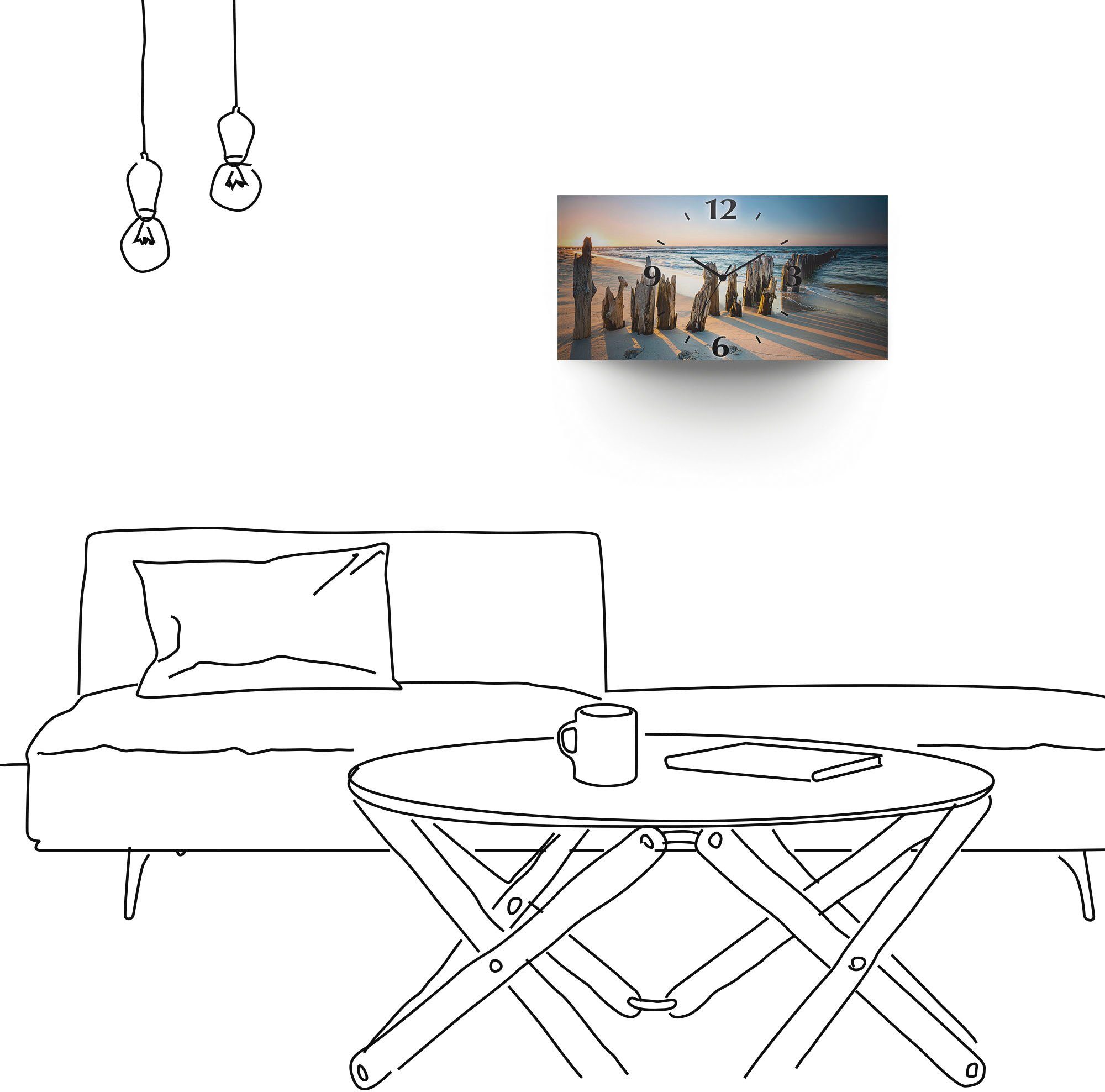 Artland Wandklok Zonsondergang strand golfbreker 3d-look geschulpt, met kwarts- of radiografisch uurwerk, verschillende maten